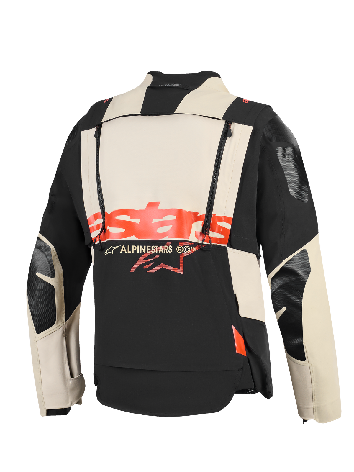 Alpinestars Halo Pro Drystar® XF Laminerad Jacka, vy bakifrån, textilkonstruktion i Mastic Black och creme, framträdande röd 'stars'-logotyp över mitten, dubbla vertikala dragkedjor för modulär ventilation, tekniska äventyrskläder för motorcykel