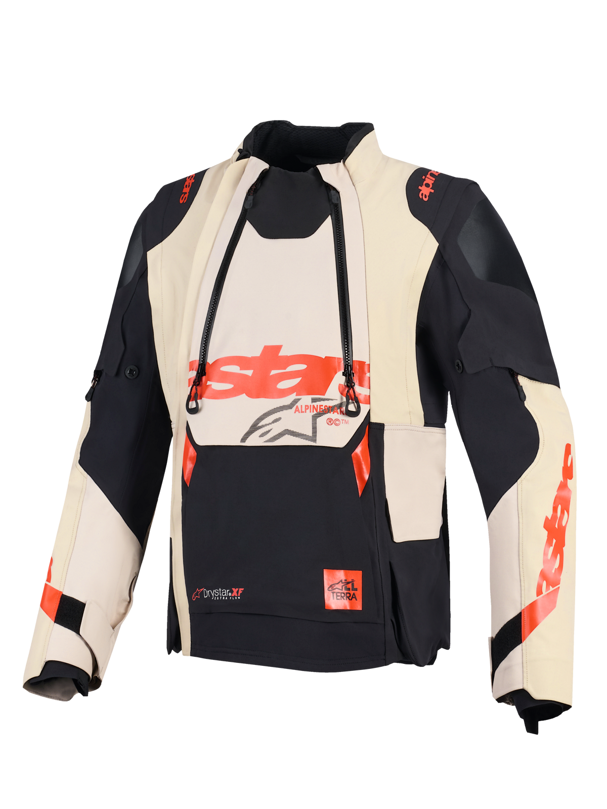 Alpinestars Halo Pro Drystar® XF laminerad jacka, äventyrsjacka för motorcykel, Mastic Black, med modulära ventilationspaneler fram och röd Alpinestars-logotyp, teknisk textilkonstruktion för mångsidig terrängkörning