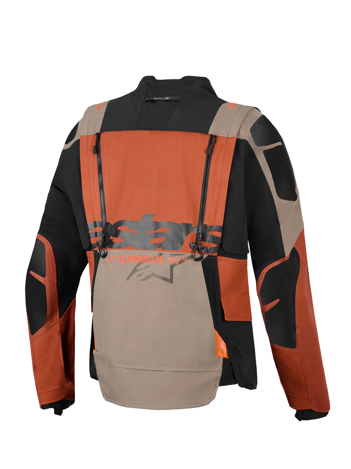 Alpinestars Halo Pro Drystar® XF laminerad jacka, motorcykeljacka för äventyr, Walnut Rust Black, vy bakifrån med vertikala ventilationsdragkedjor, stor Alpinestars-logotyp över mitten och hållbar ripstop-textilkonstruktion