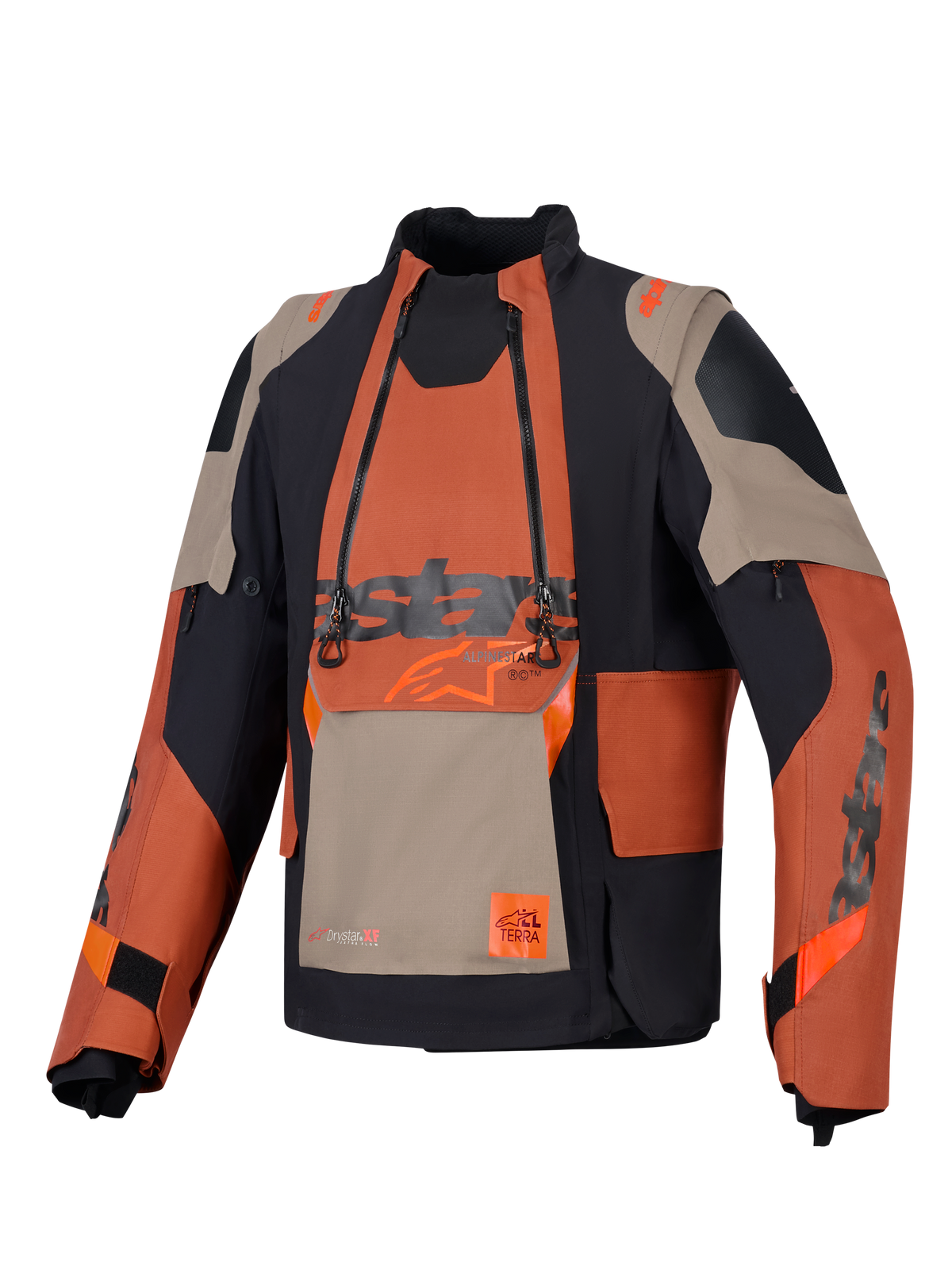 Alpinestars Halo Pro Drystar® XF laminerad jacka, äventyrsjacka för motorcykel, Walnut Rust Black, frontvy med modulär bröstpanel med dubbla vattentäta dragkedjor, robust textilkonstruktion med beigea och orangea paneler.