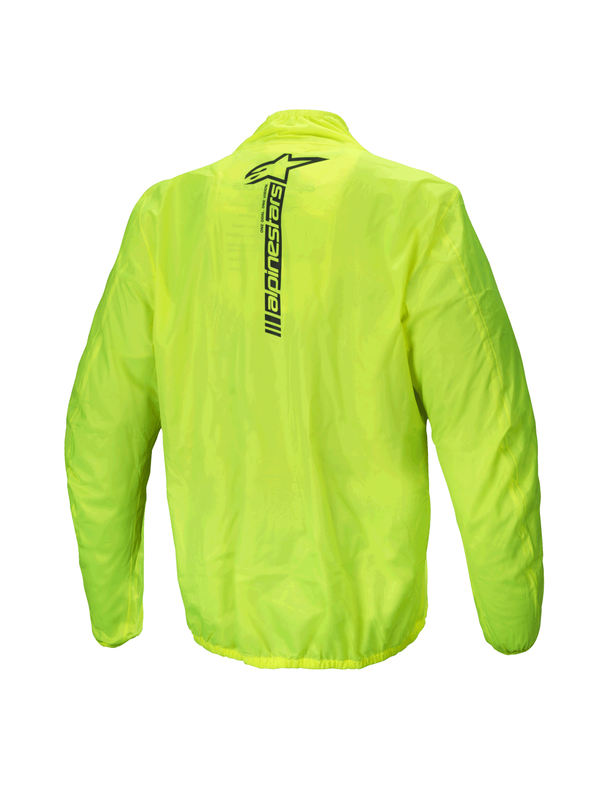 Alpinestars Hurricane Rain V2 jacka, vattentät motorcykelregnjacka för herrar, baksida, gul fluo, med reflekterande Alpinestars-ordmärke på övre ryggen