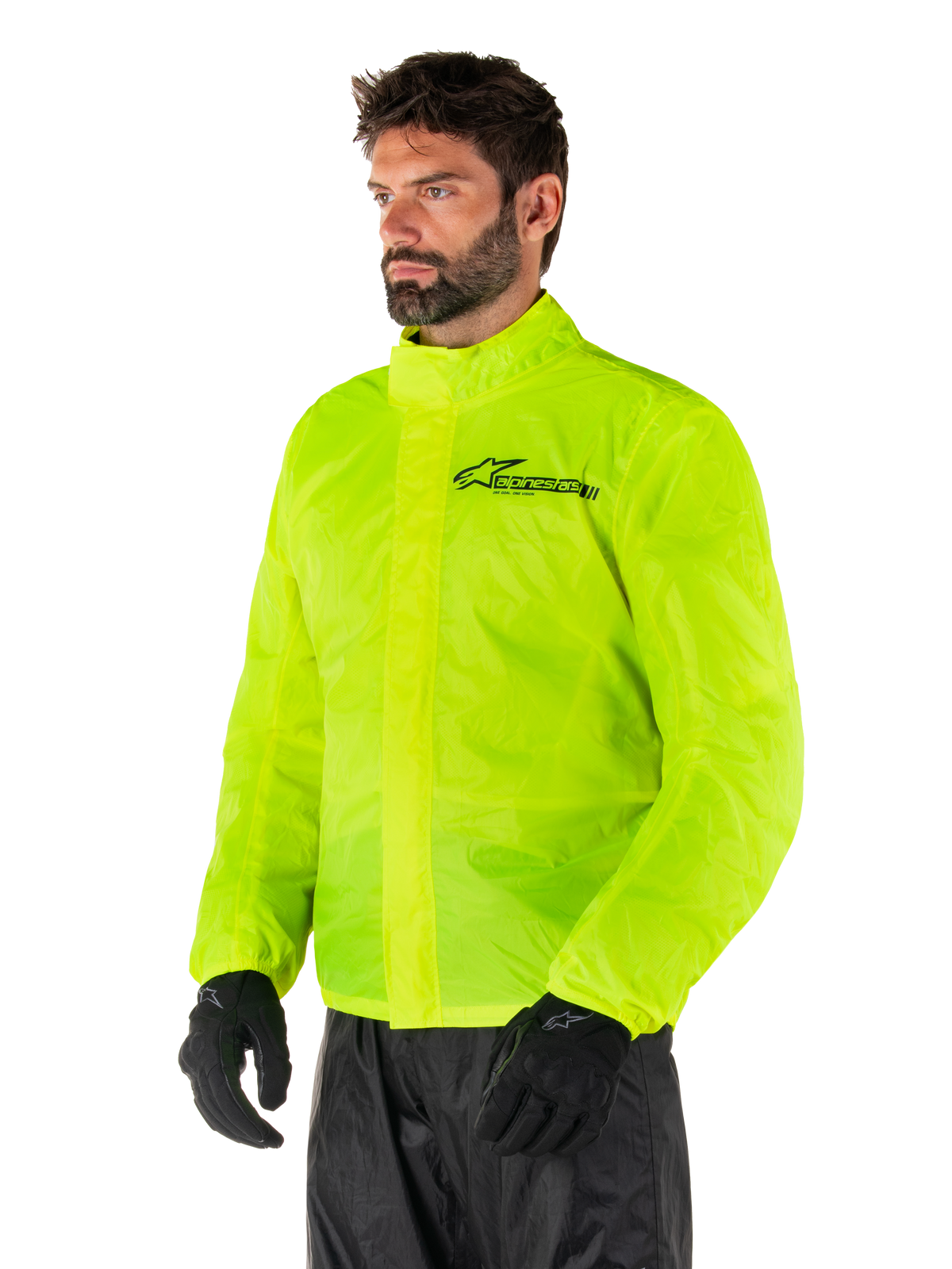 Alpinestars Hurricane Rain V2-jacka, Yellow Fluo, högvisibel fluorescerande gul vattentät regnjacka för motorcykel, främre dubbel klaffstängning, Alpinestars-logotyp på bröstet, lätt och packbar design för körning i vått väder
