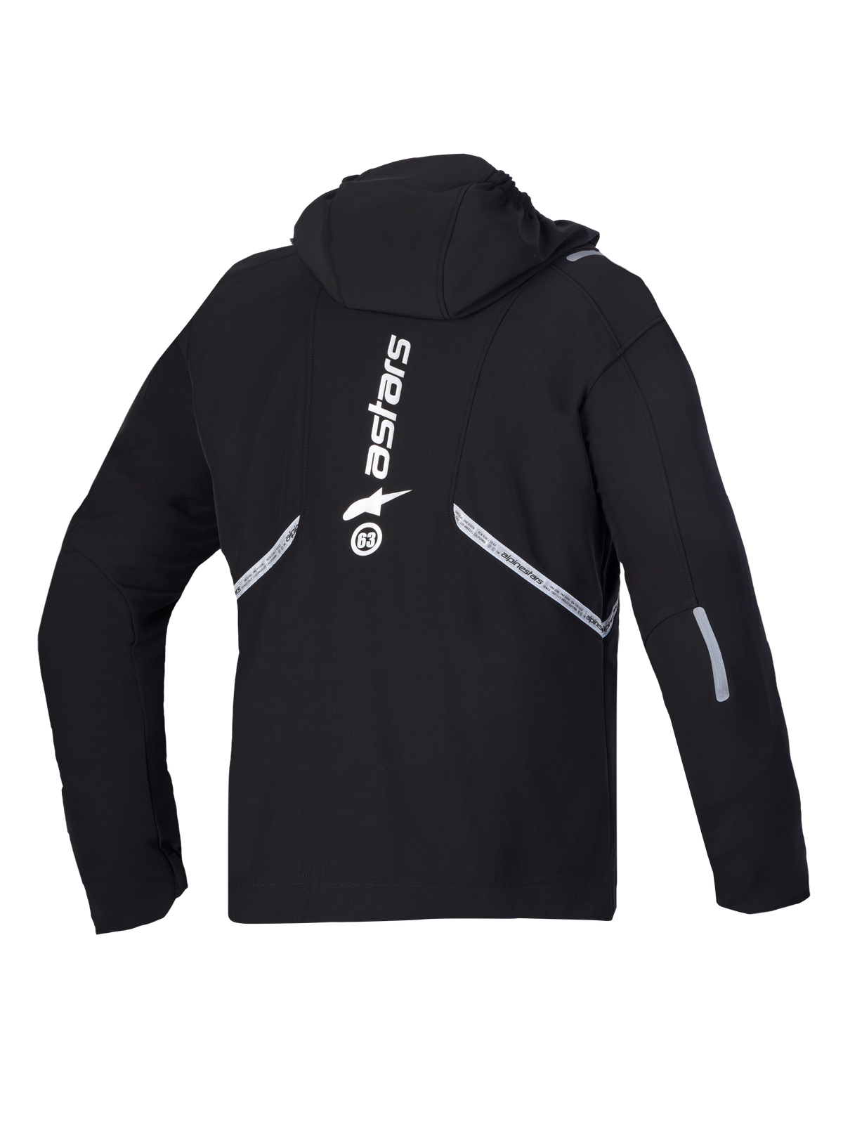 Alpinestars C 5 Drystar Jacka, vattentät motorcykeljacka i softshell, baksida i svart med integrerad huva, reflexdetaljer och stor vertikal vit logotypgrafik