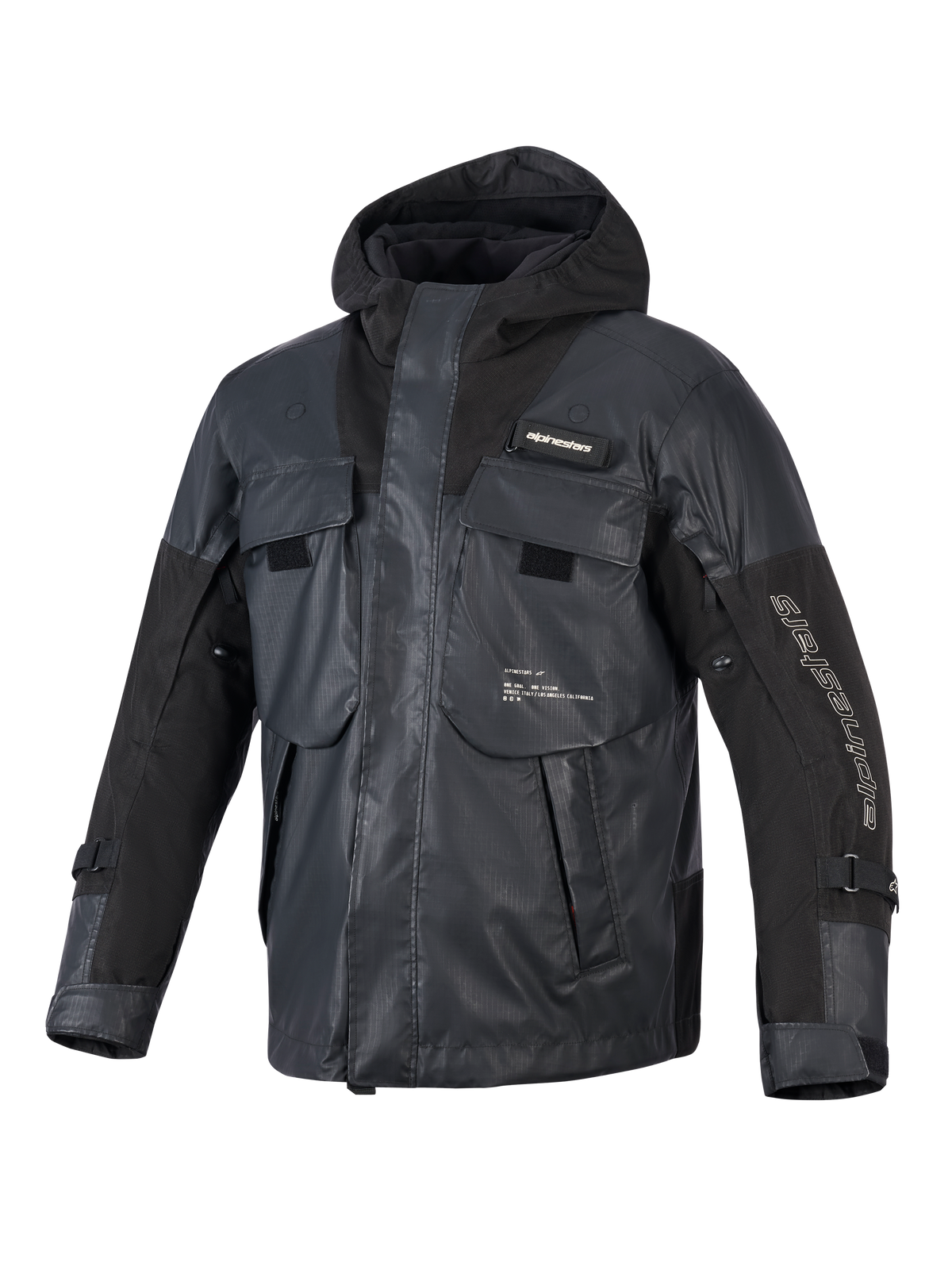 Alpinestars Mospher Waterproof Jacket, svart motorcykelparka, taktisk utility-design med flera stora fickor, ripstop-textilkonstruktion, integrerad huva, vit Alpinestars-logotyp på ärmen och bröstet