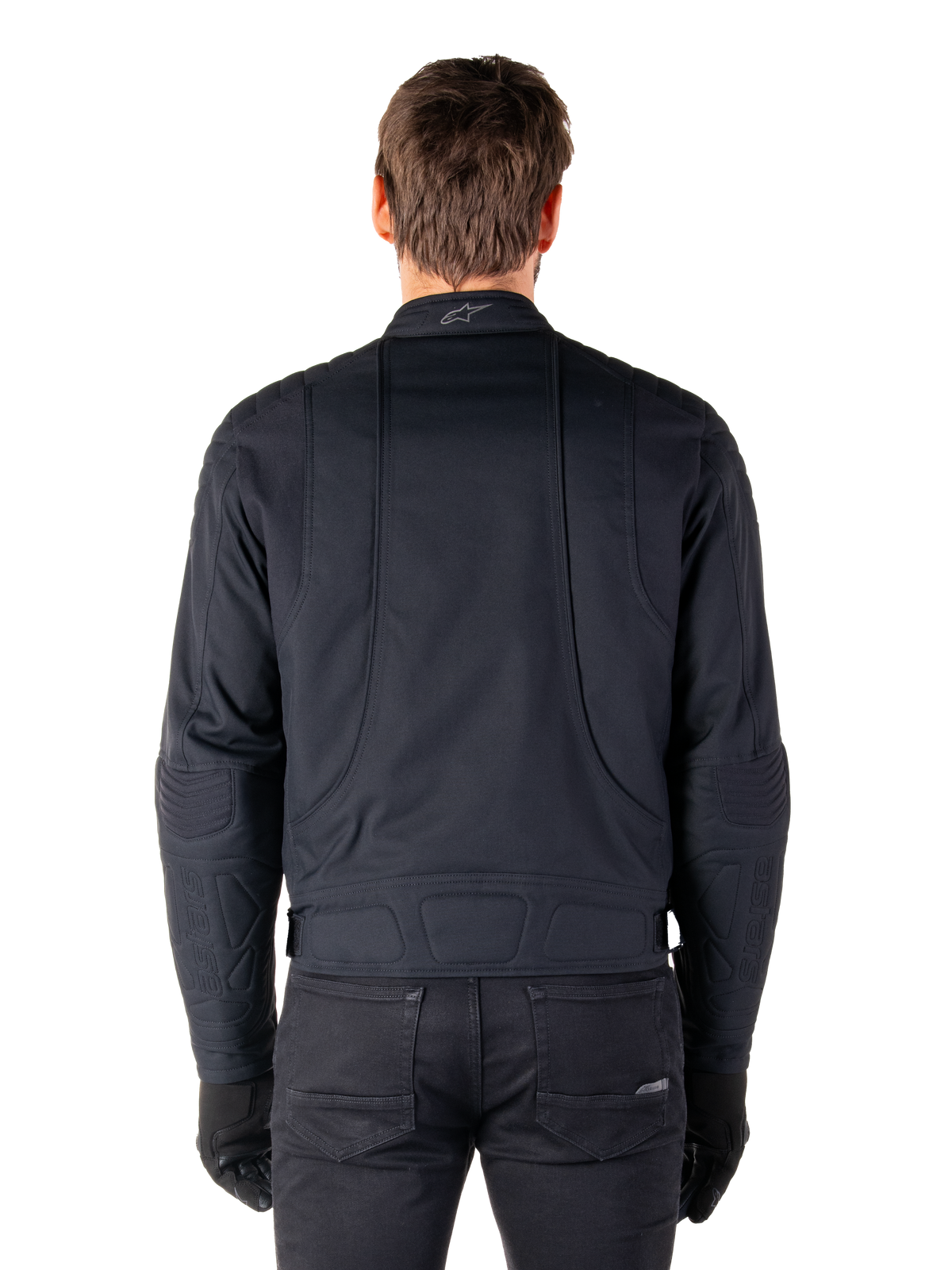 Alpinestars Clayton WR Jacket, Black, Rear view of a man wearing the water-repellent urban motorcycle jacket, featuring quilted reinforcement on shoulders and elbows, ergonomic lines, and a matte finish