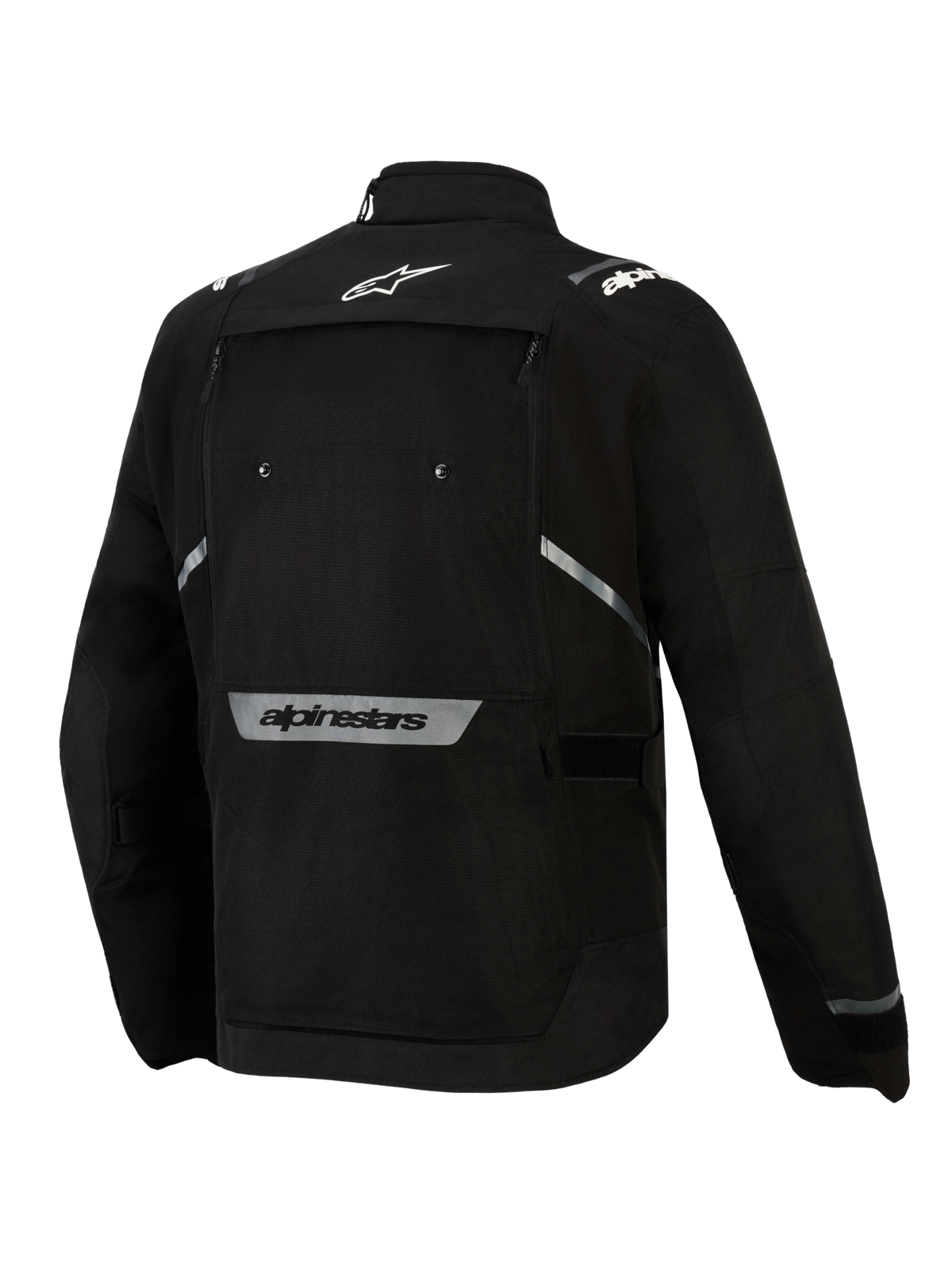 Alpinestars Cusco Drystar® jacka, svart MC-jacka för äventyrstouring i textil, vy bakifrån med reflekterande logotyper.