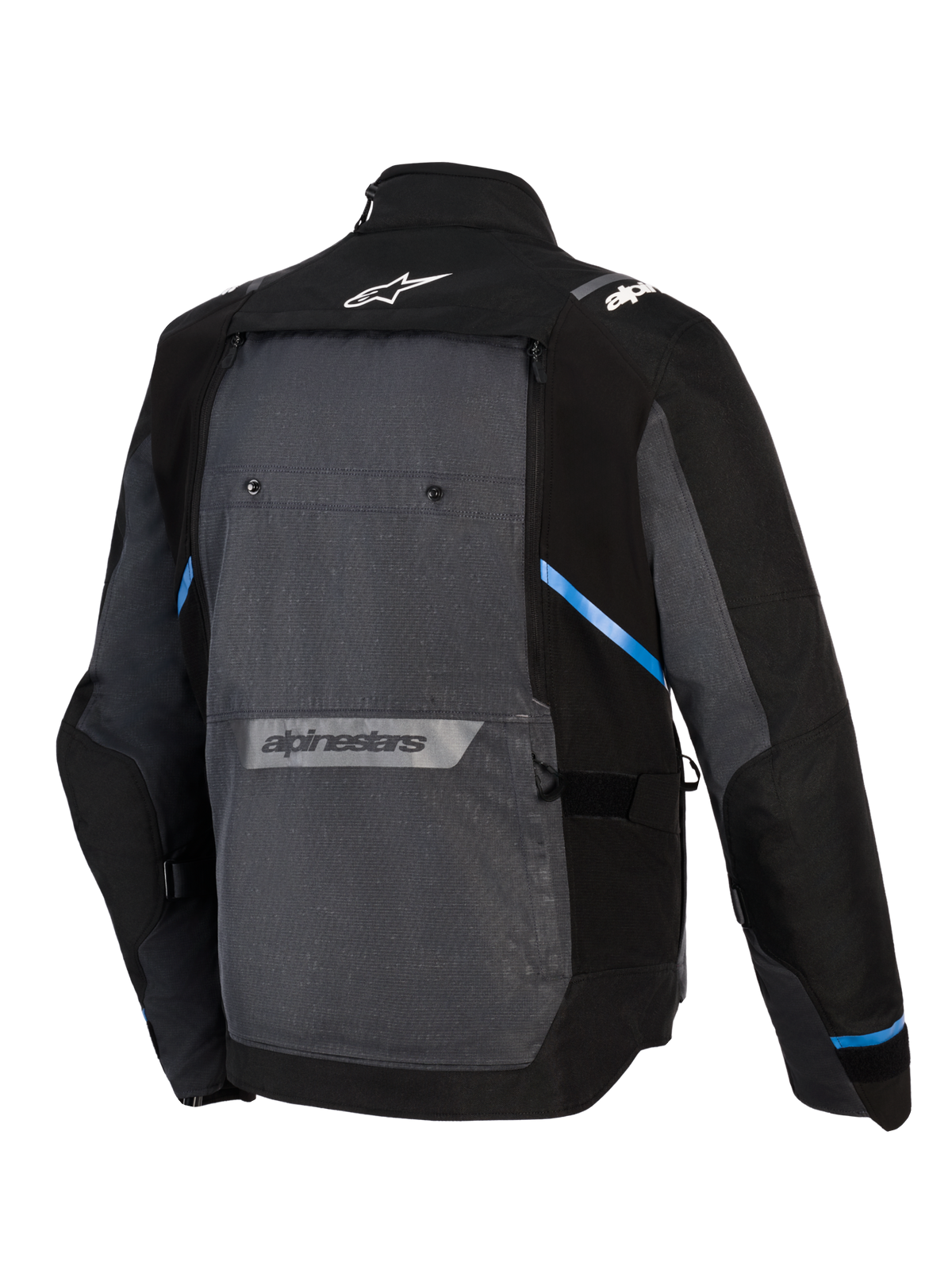 Alpinestars Cusco Drystar® Jacket, Adventure Touring Motorcycle Jacket, Black and Deep Gray, back view showing large gray rear panel, blue accents, Alpinestars logos on the upper and lower back, and durable ripstop textile construction