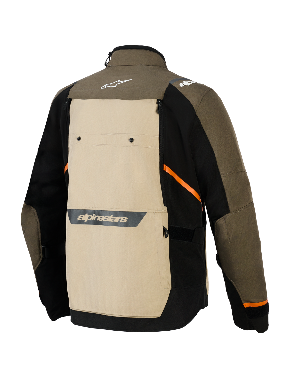 Alpinestars Cusco Drystar®-jacka, sedd bakifrån, Walnut Aluminum Black, äventyrsmotorcykeljacka i textil med en stor beige ryggpanel, orange diagonala detaljer och reflekterande logotyper på ett brunt och svart skal.