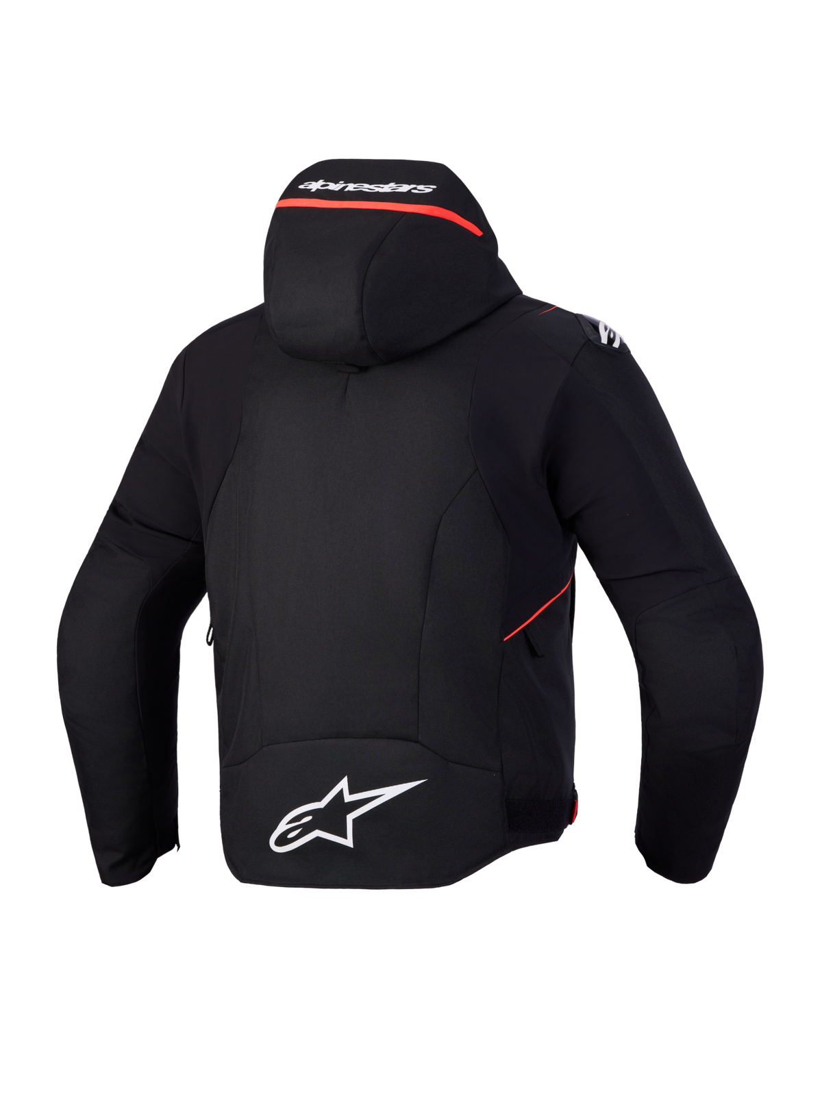Alpinestars Zaca V2 Waterproof Jacka, vattentät motorcykeljacka, bakifrån som visar integrerad huva och vita logotypdetaljer, svarta och röda fläckar, CE-certifierad textilkonstruktion