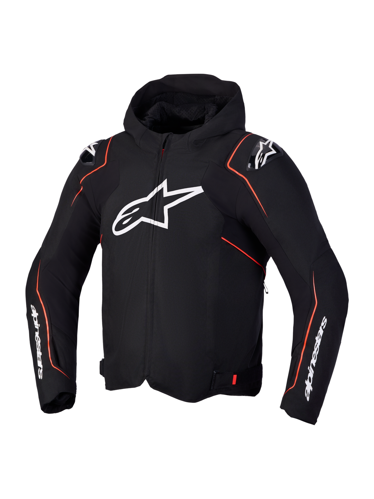 Alpinestars Zaca V2 Waterproof Jacka, vattentät MC-jacka i svart och rött med vit logotypgrafik, integrerad huva och axelskydd