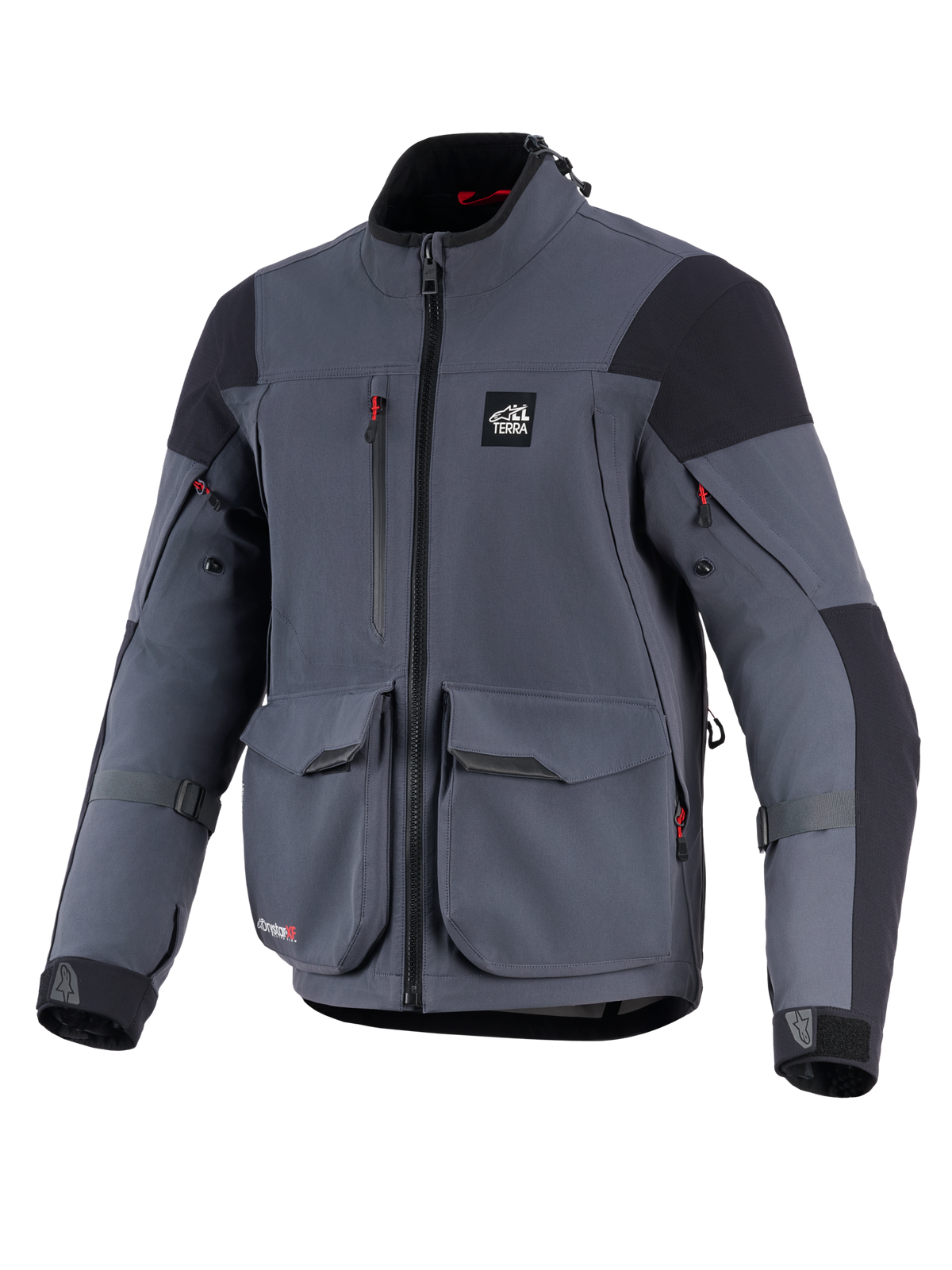 Alpinestars Maxdura Drystar®XF Laminated Armored Shell, Motorcycle Jacket, Deep Gray and Black, front view featuring large cargo pockets, red zipper accents, 'ALL TERRA' chest logo, and adjustable sleeve straps, technical adventure touring gear