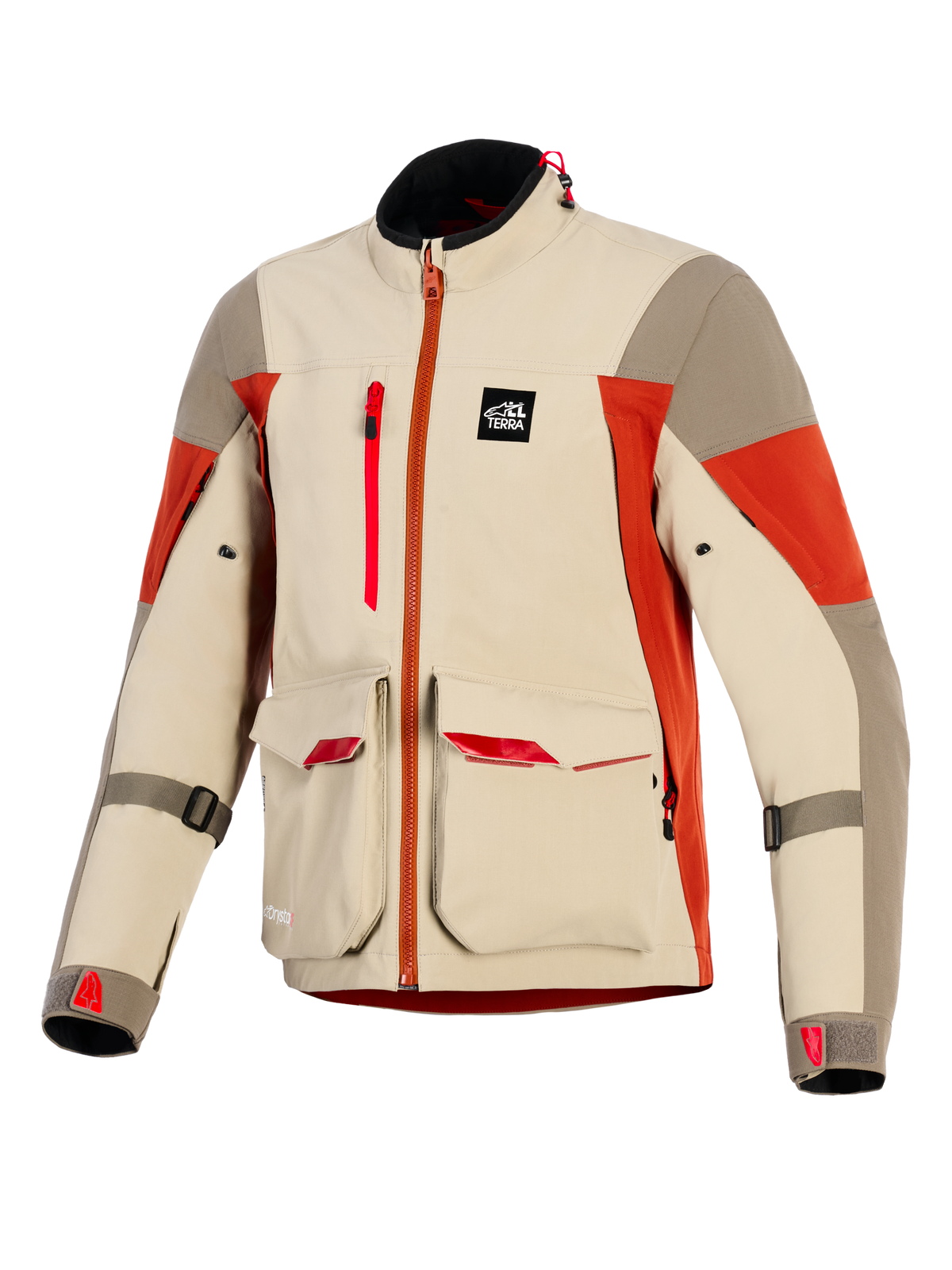 Alpinestars Maxdura Drystar®XF Laminated Armored Shell, äventyrsmotorcykeljacka i färgerna Aluminum Walnut och Rust Brown, har stora utanpåfickor fram med röda detaljer, vertikal bröstdragkedja, All Terra-märkespatch och teknisk 3-lagers laminerad konstruktion.
