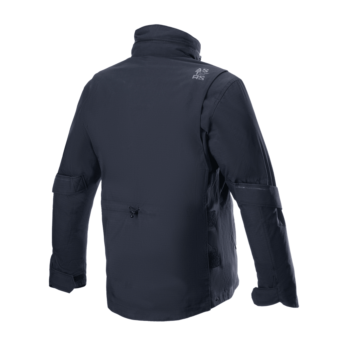 Alpinestars MO.ST.EQ Field Waterproof Primaloft Jacket, svart, vy bakifrån, samtida streetwear-inspirerad motorcykeljacka med ripstop-textilkonstruktion, hög krage och diskret grå logotyp på axeln.