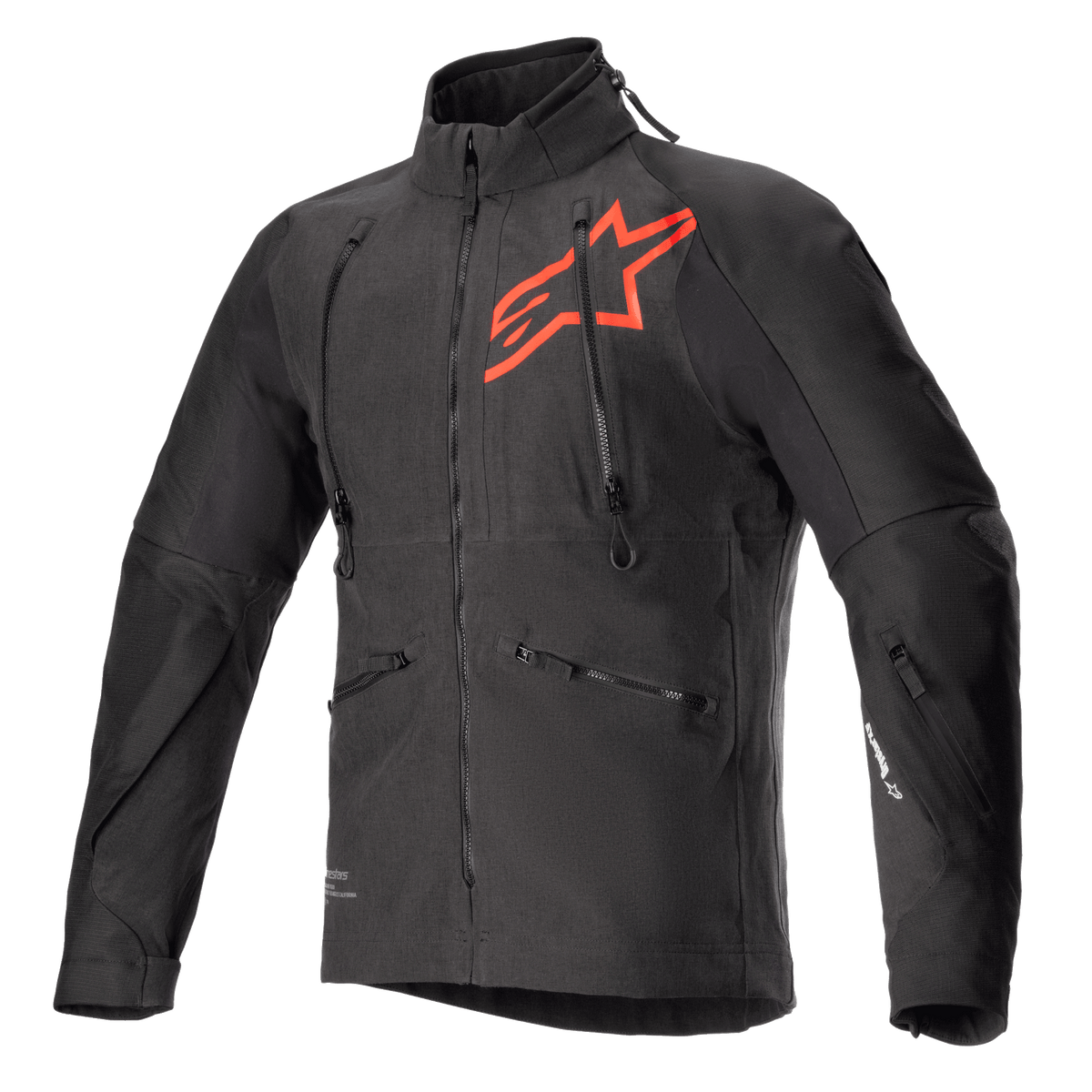 Alpinestars Hyde XT Drystar XF jacka, teknisk motorcykeljacka i svart och Bright Red, stor röd stjärnlogotyp på bröstet, vertikala ventilationsdragkedjor på bröstet, hög krage, texturerat material med fyrvägsstretch, designad för äventyrs- och offroad-körning