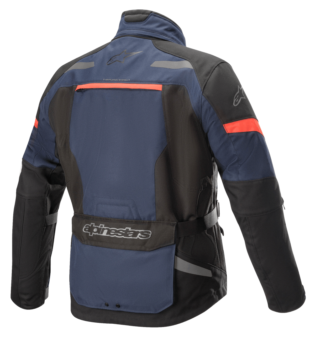 Alpinestars Valparaiso V3 Drystar®-jacka, äventyrstouringjacka för motorcykel, mörkblå och svart med rödorangea detaljer, baksida med en stor verktygsficka, reflekterande detaljer och ventilationsöppningar.