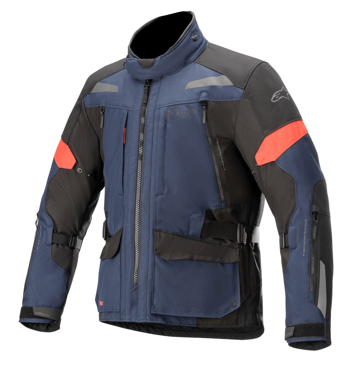 Alpinestars Valparaiso V3 Drystar-jacka, motorcykelturingjacka, mörkblå och svart med röda detaljer, med reflekterande ränder, flera cargofickor med dragkedja, justerbara remmar i midja och ärmar, hållbar textilkonstruktion för äventyrstouring