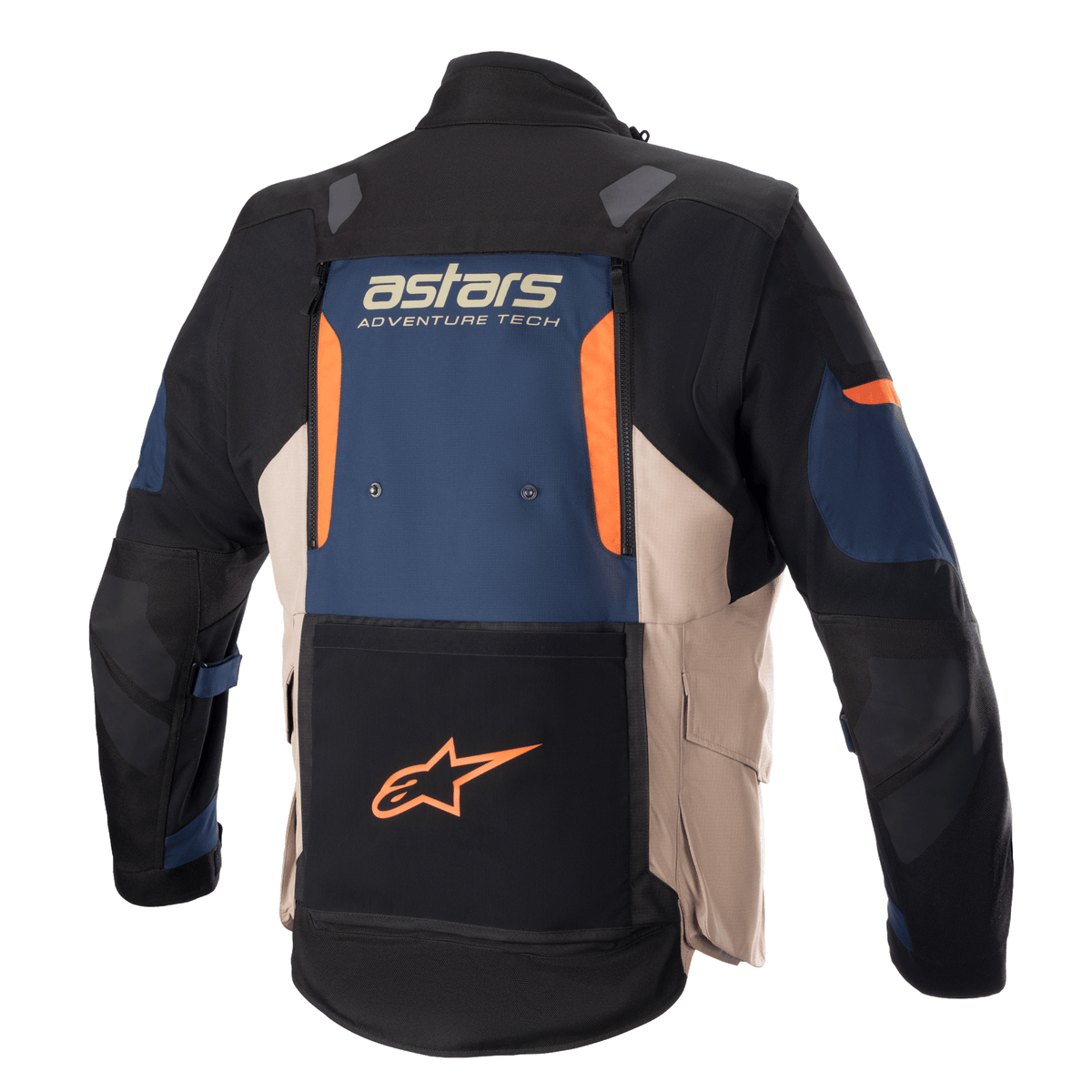 Alpinestars Halo Drystar® jacka, äventyrstouringjacka för motorcykel, vy bakifrån, mörkblå, mörkkaki och flame orange, med en stor ventilationspanel på ryggen, 'astars ADVENTURE TECH'-logotyp och en ficka på nedre ryggen med en orange stjärnlogotyp.