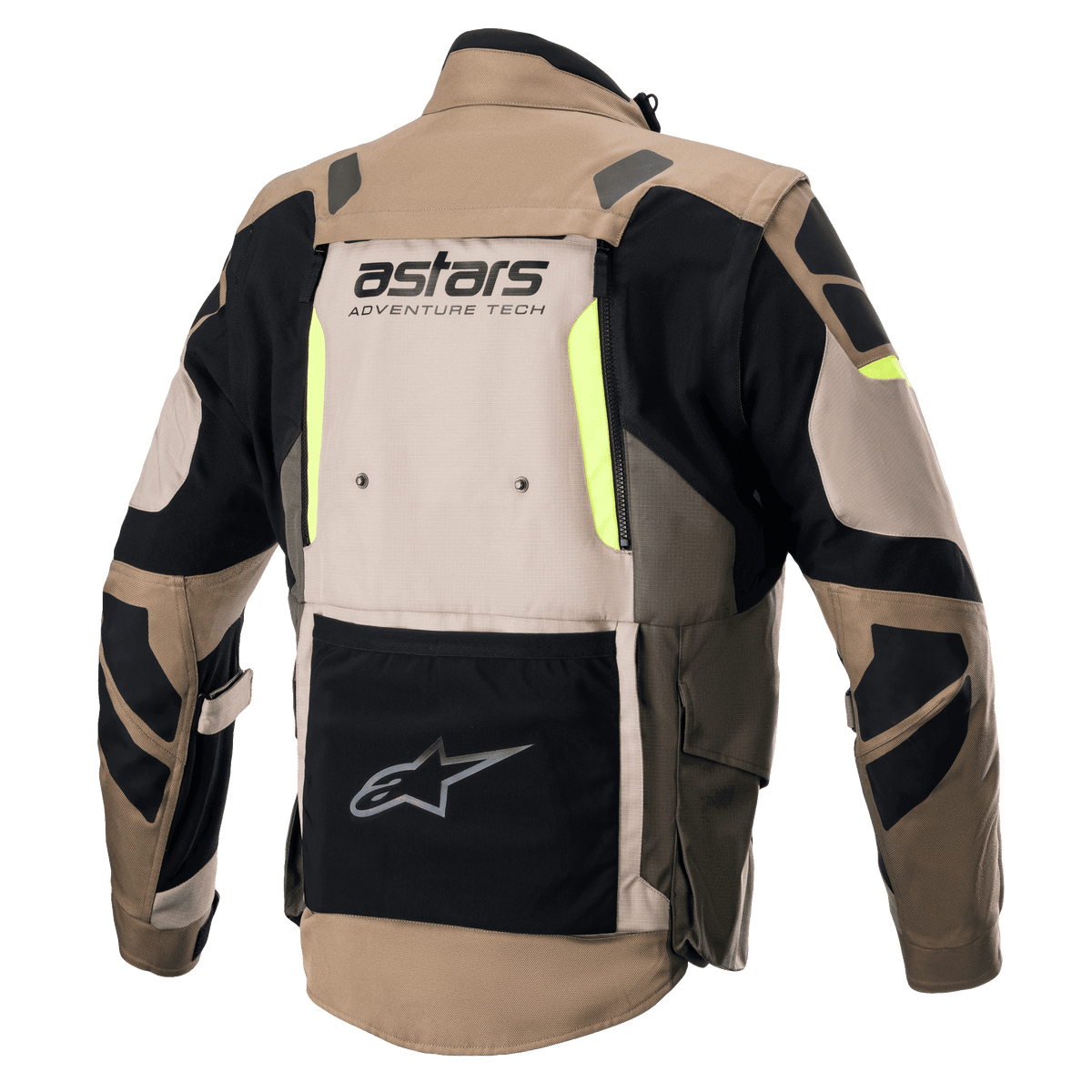 Alpinestars Halo Drystar®-jacka, vy bakifrån, mörk khaki och sand med gula fluo-detaljer, äventyrs- och touringjacka för motorcykel med stor ventilationspanel på ryggen, 'astars ADVENTURE TECH'-logotyp och en svart nedre förvaringsficka.