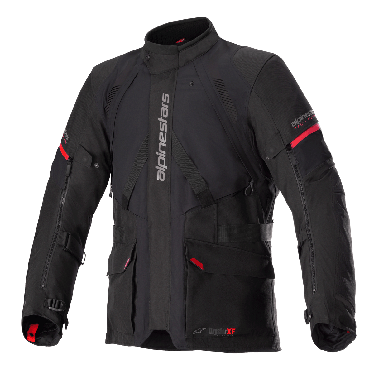 Alpinestars Monteira Drystar XF jacka, motorcykeljacka för äventyrstouring, svart och klarröd, vattentät laminerad konstruktion med flera praktiska fickor och justerbara remmar, slitstark textil för skydd i alla väder