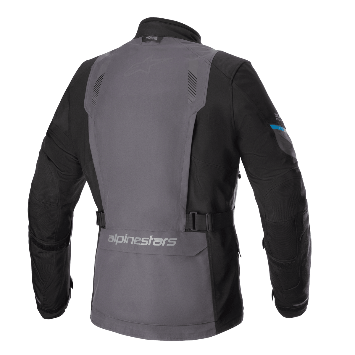 Alpinestars Monteira Drystar® XF-jacka, äventyrs- och touringmotorcykeljacka, Tar Gray och svart med Methyl Blue-detaljer, baksida som visar en stor grå ryggpanel, justerbara midjeremmar och Alpinestars-logotyp på nedre delen av ryggen.