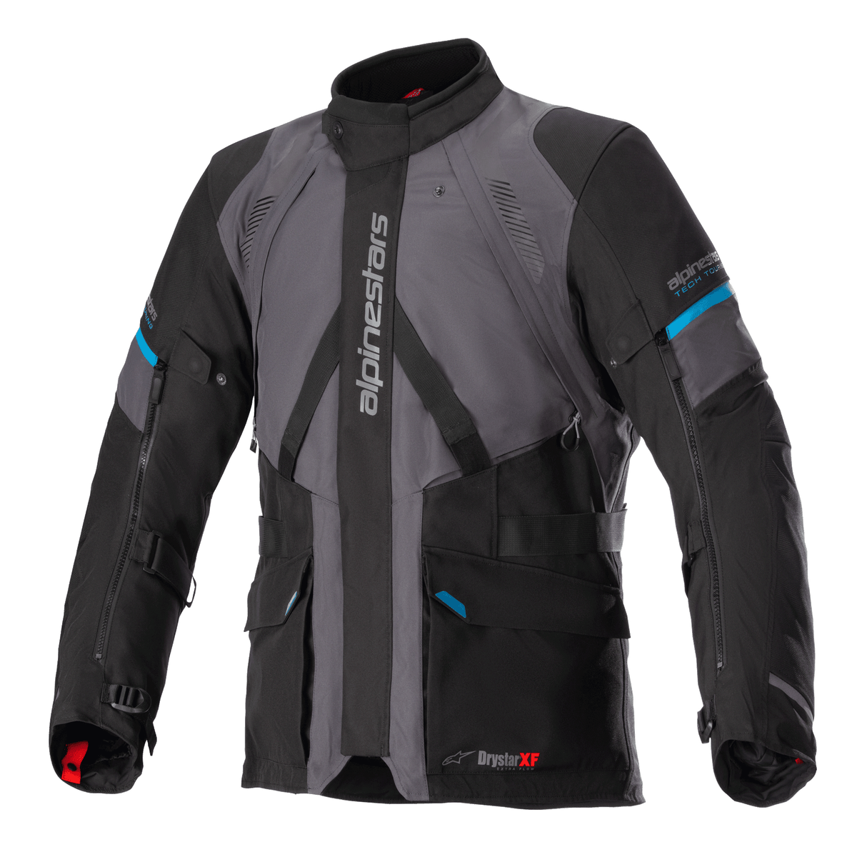 Alpinestars Monteira Drystar XF jacka, Adventure Touring motorcykeljacka, grå och svart med detaljer i Methyl Blue, flera fickor fram, justerbara midjeremmar och vertikal Alpinestars-logotyp på bröstet, slitstark vattentät textilkonstruktion