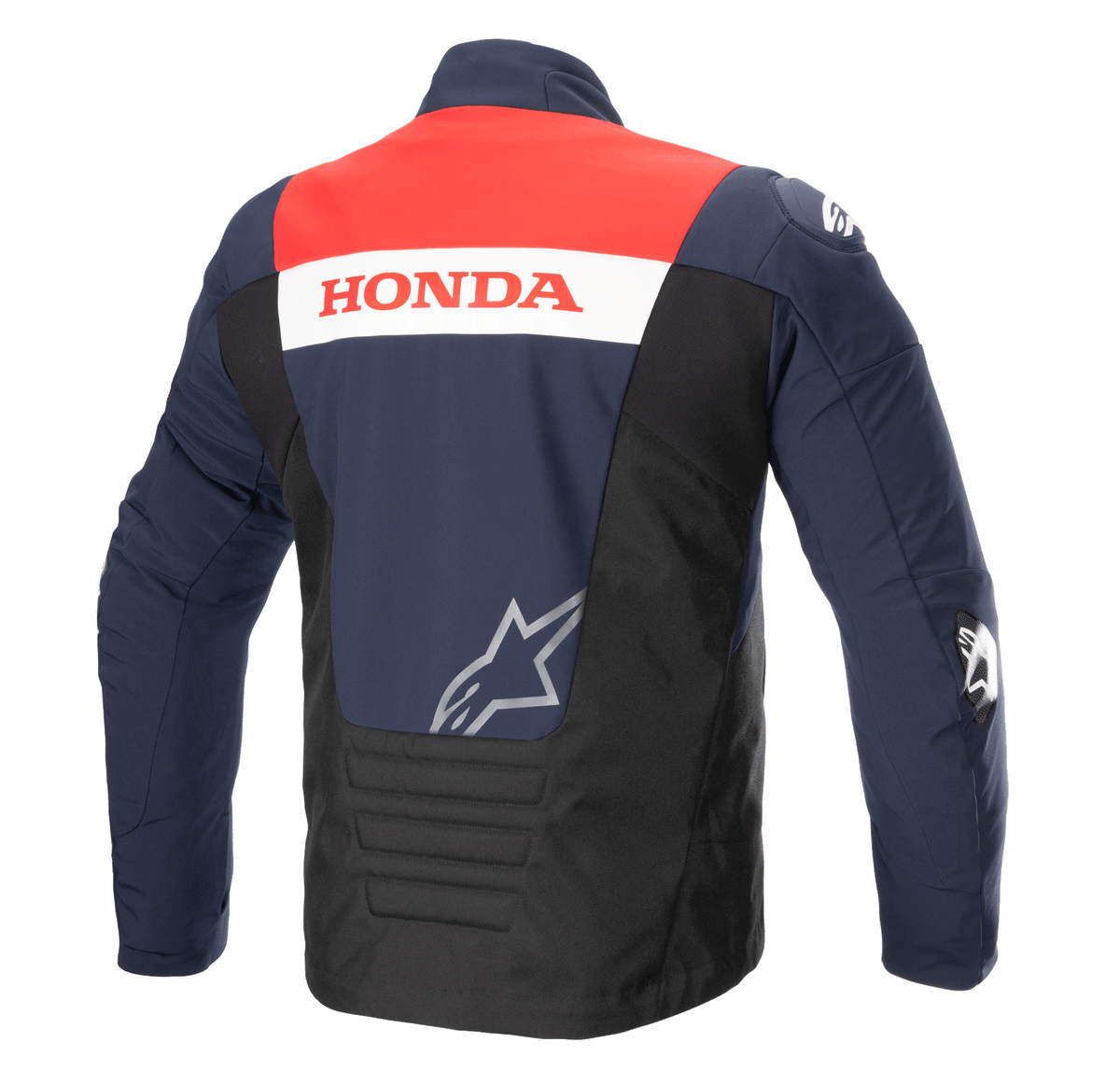 Alpinestars Honda SMX Waterproof Softshell-jacka, ryggvy, färgerna Night Navy, svart och Bright Red, med 'HONDA'-märkning på en vit rand och silvrig Alpinestars-logotyp, designad för motorcykelkörning på väg