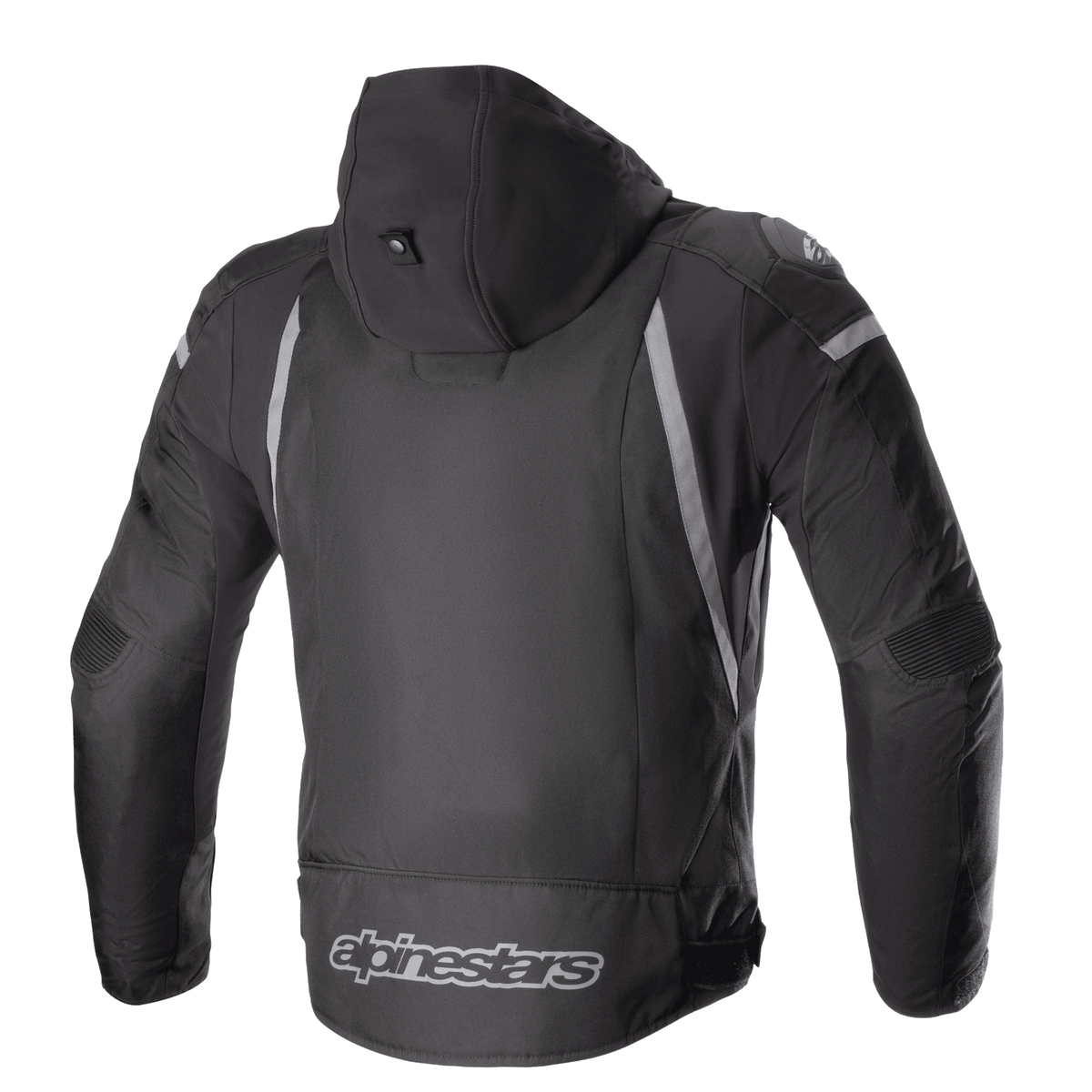 Alpinestars Zaca Waterproof Jacket, Black and Dark Gray, rear view featuring a detachable hood, gray reflective accents, and the Alpinestars logo on the lower back, textile motorcycle sport jacket