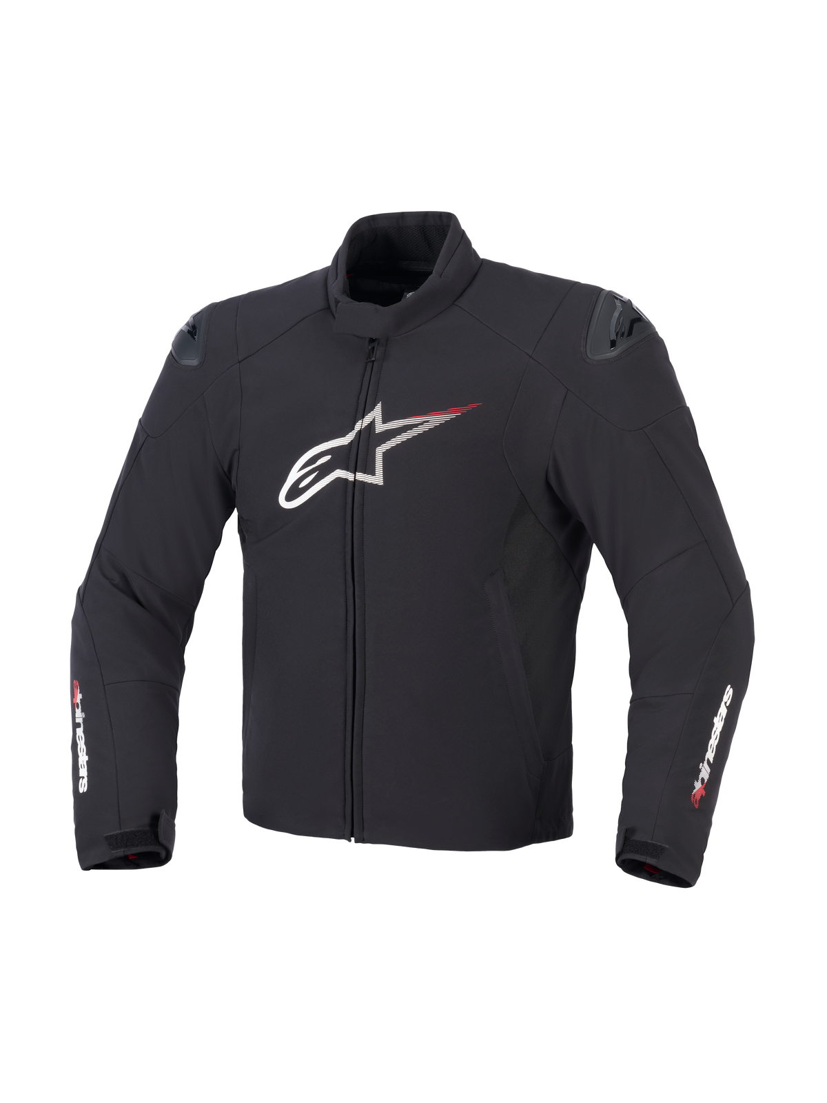 Alpinestars SMX vattentät jacka i svart, vitt och klarrött, vy framifrån som visar textilkonstruktion, stor vit Astar-logotyp på bröstet med röda fartlinjer, externa DFS lite-axelskydd och Alpinestars-logotyper på ärmarna.