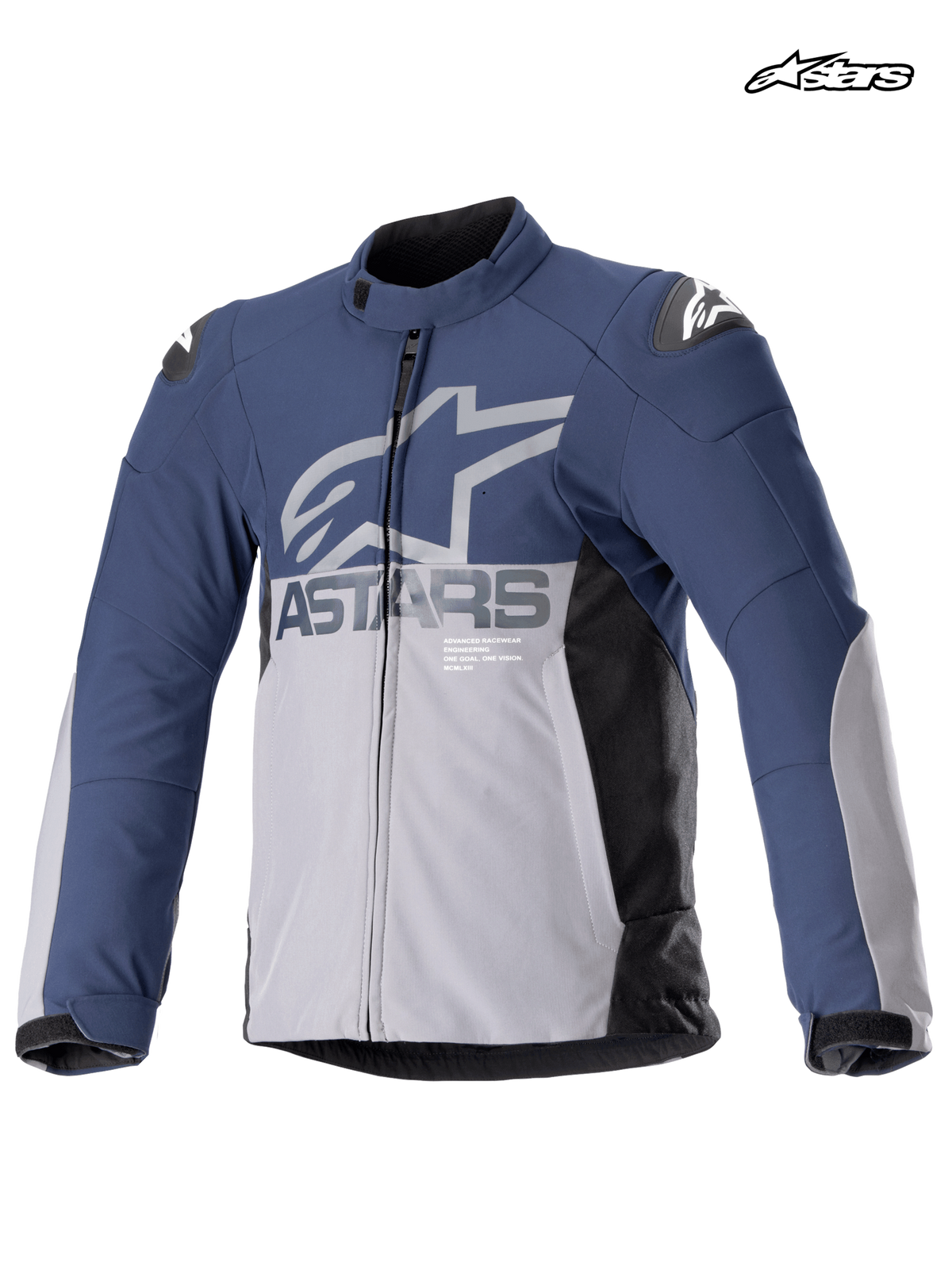 Alpinestars SMX vattentät jacka, mörkblå och mörkgrå motorcykeljacka för herr, framifrån som visar vattentät konstruktion och axelskydd