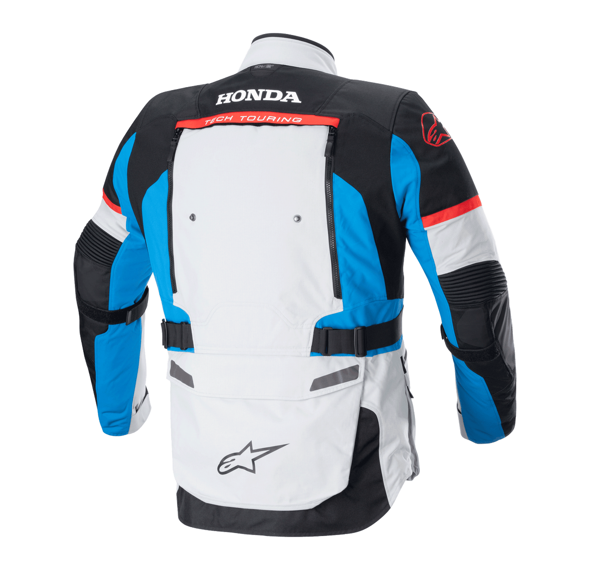 Alpinestars Honda Bogotá Pro Drystar®-jacka, vy bakifrån, Ice Gray Blue och Bright Red, teknisk adventure-touringjacka med Honda- och Tech Touring-profilering på ryggen, ventilationspaneler och justerbara midjeremmar.