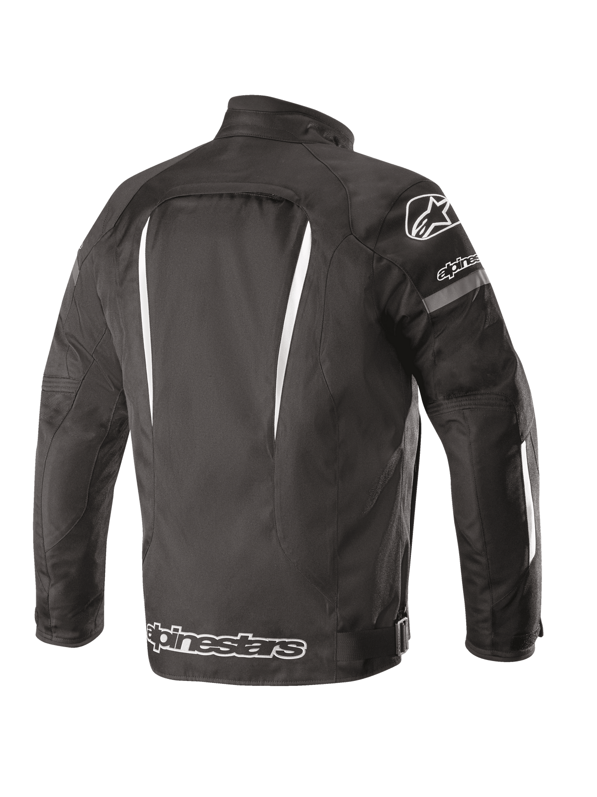 Alpinestars Gunner V2 Waterproof Jacket, Back View, Black and White, textile construction with vertical white accents, large Alpinestars logo on the lower back and A-star logo on the shoulder, urban riding gear