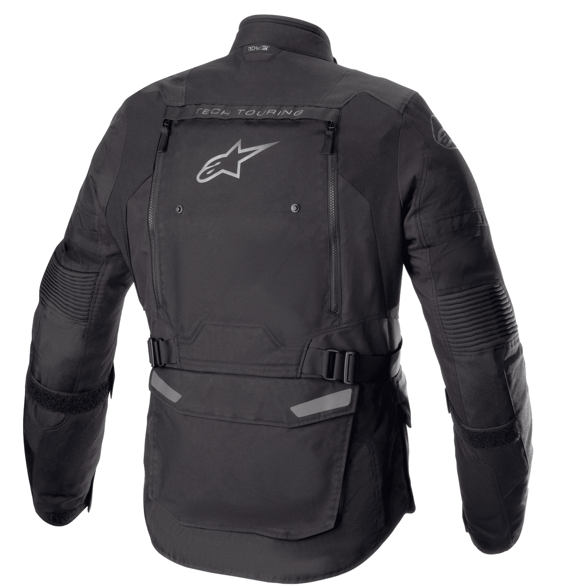 Alpinestars Bogotá Pro Drystar® Jacket, Rear View, Black, textile motorcycle jacket featuring a large back ventilation panel with Alpinestars logo, 'TECH TOURING' branding, adjustable waist straps, and accordion panels on elbows.