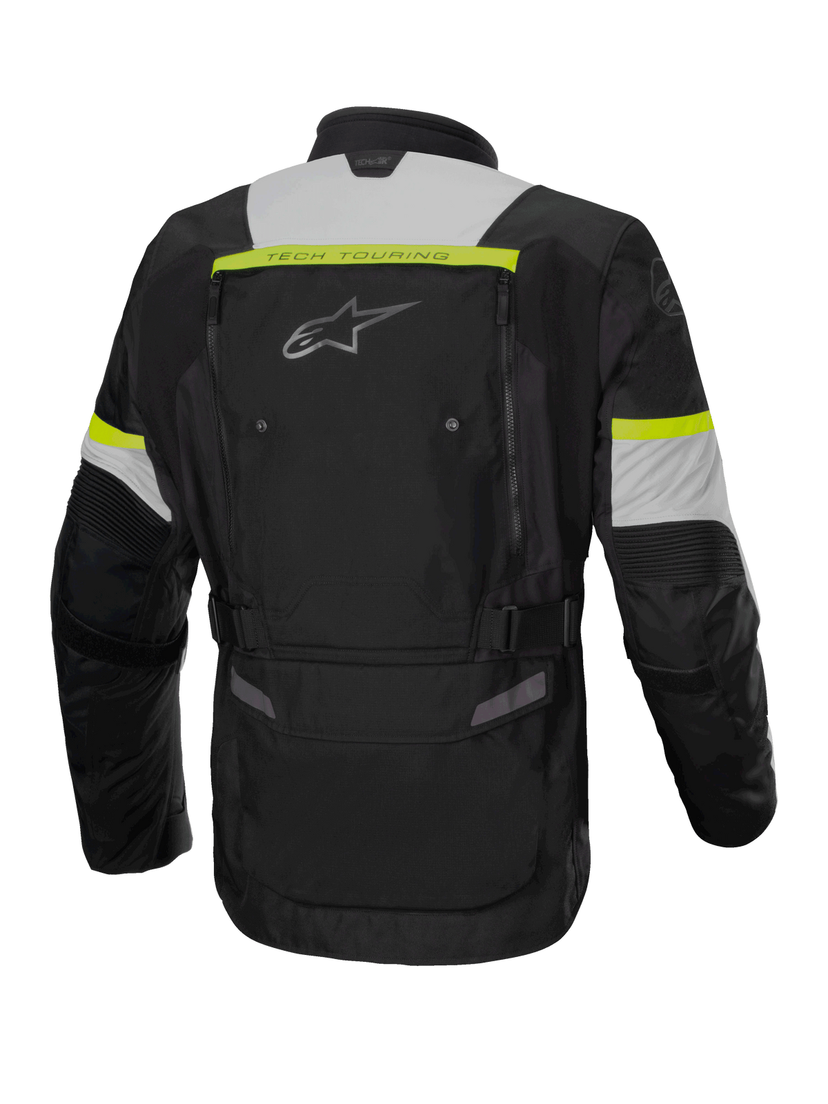 Alpinestars Bogotá Pro Drystar® jacka, adventure touring MC-jacka för herr, svart, isgrå och gul fluo, vattentät textil, vy bakifrån med ventilationspaneler och ryggficka.