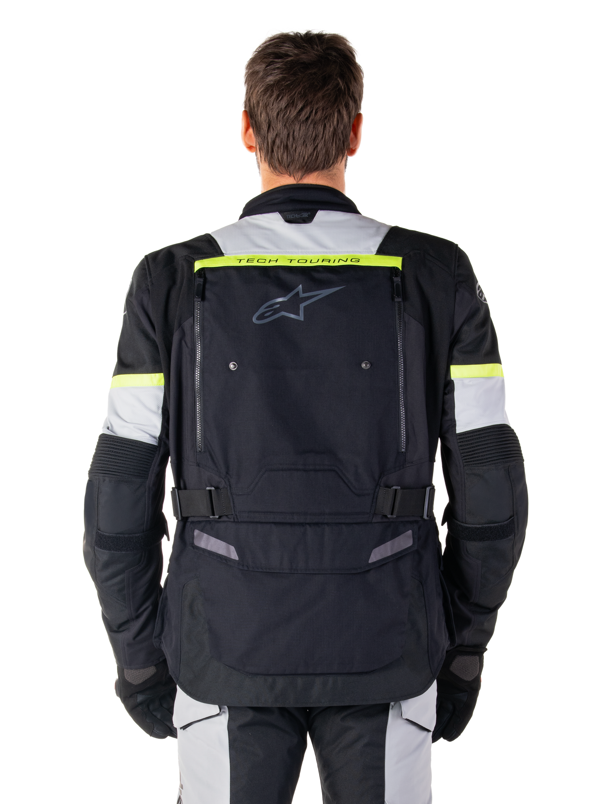 Alpinestars Bogotá Pro Drystar® jacka, svart och gul fluo adventure-touringjacka, vy bakifrån med ventilation.