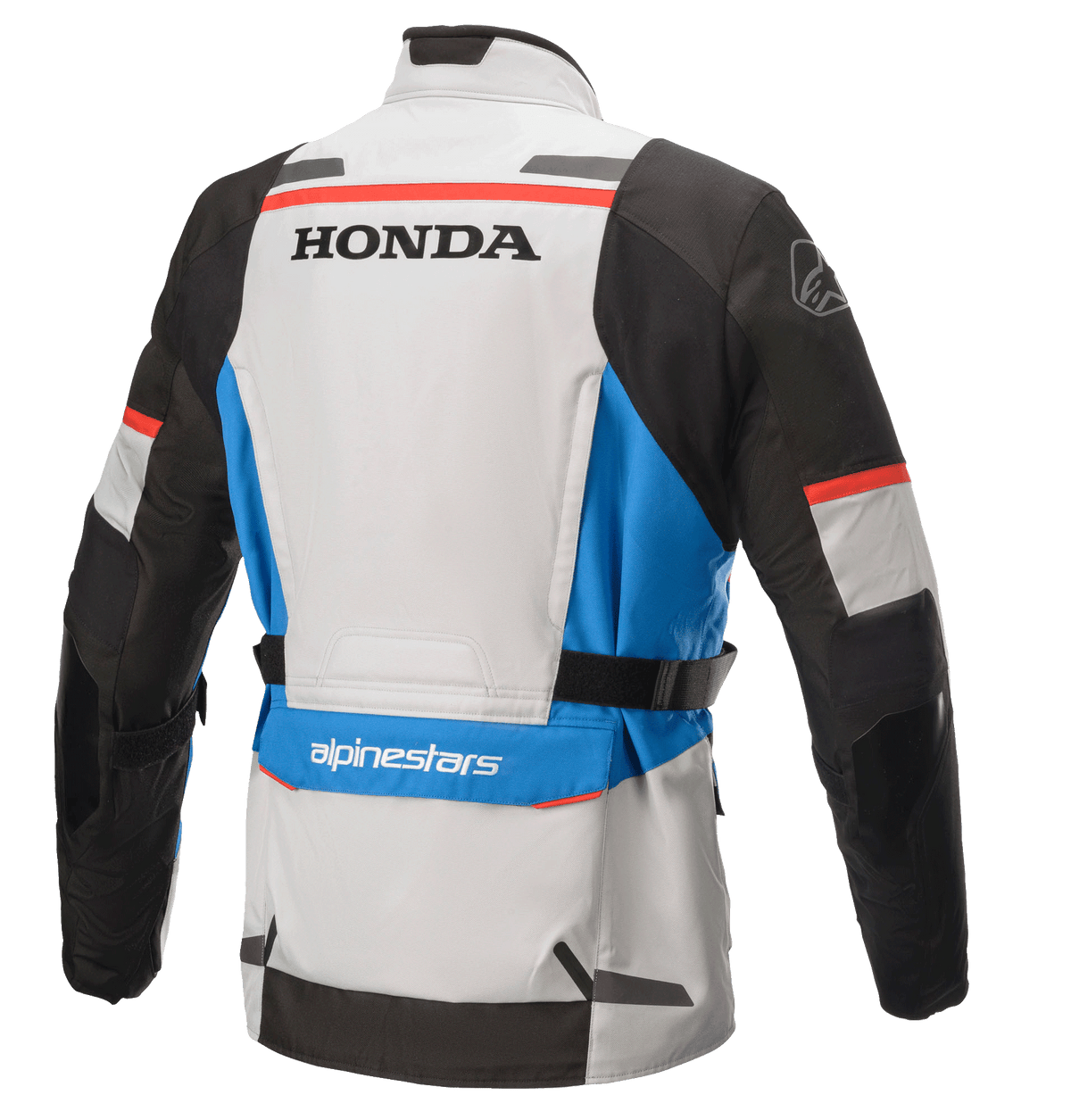 Alpinestars Honda Andes V3 Drystar®-jacka, adventure-touring-textiljacka, isgrå, blå och klarröd, baksida med Honda- och Alpinestars-logotyper, med svarta ärmar, blå detaljer och justerbara midjeremmar