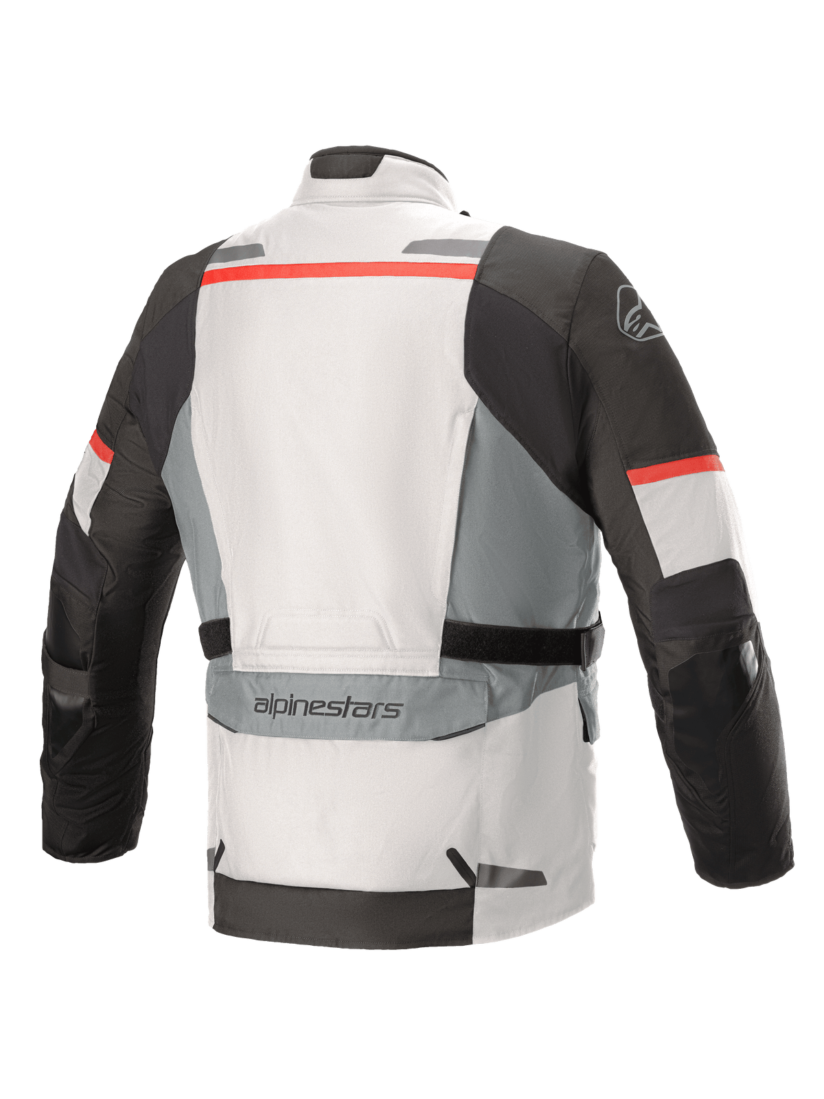 Alpinestars Andes V3 Drystar®-jacka, Ice Gray och Dark Gray med röda detaljer, vy bakifrån med en stor förvaringsficka på nedre ryggen, justerbara midjeremmar och reflekterande detaljer på axlar och nederkant.