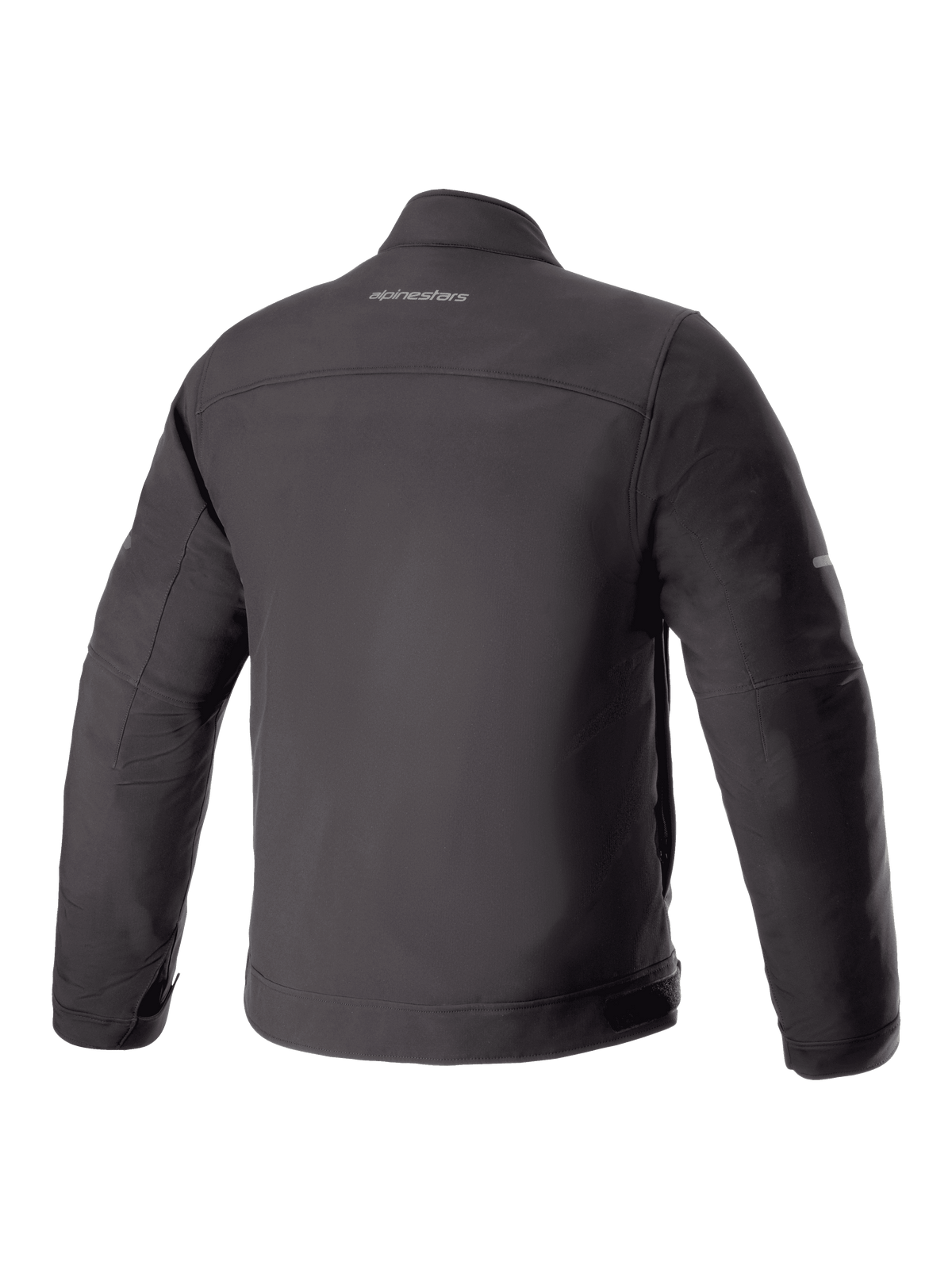 Alpinestars Husker Vattentät Jacka, motorcykeljacka, svart, sedd bakifrån med matt softshell-material och centrerad Alpinestars-logotyp på övre delen av ryggen, urban teknisk design.