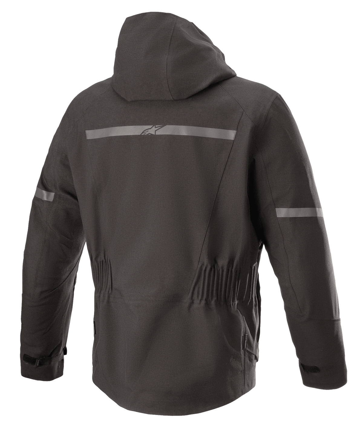 Alpinestars Sirius Drystar® Techshell-jacka, motorcykeljacka, melerad svart, baksida med integrerad huva, reflexband med Alpinestars-logotyp, elastisk midja och förlängd rygg för bättre täckning vid körning.