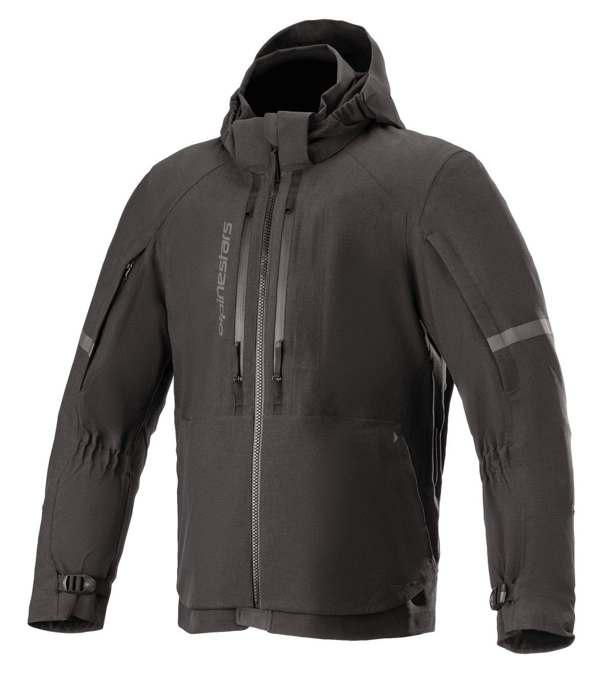 Alpinestars Sirius Drystar Techshell-jacka, vattentät motorcykeljacka, Melange Black, textildesign med huva och vertikala dragkedjor på bröstet, reflekterande ränder på ärmarna och justerbara manschetter med spännen