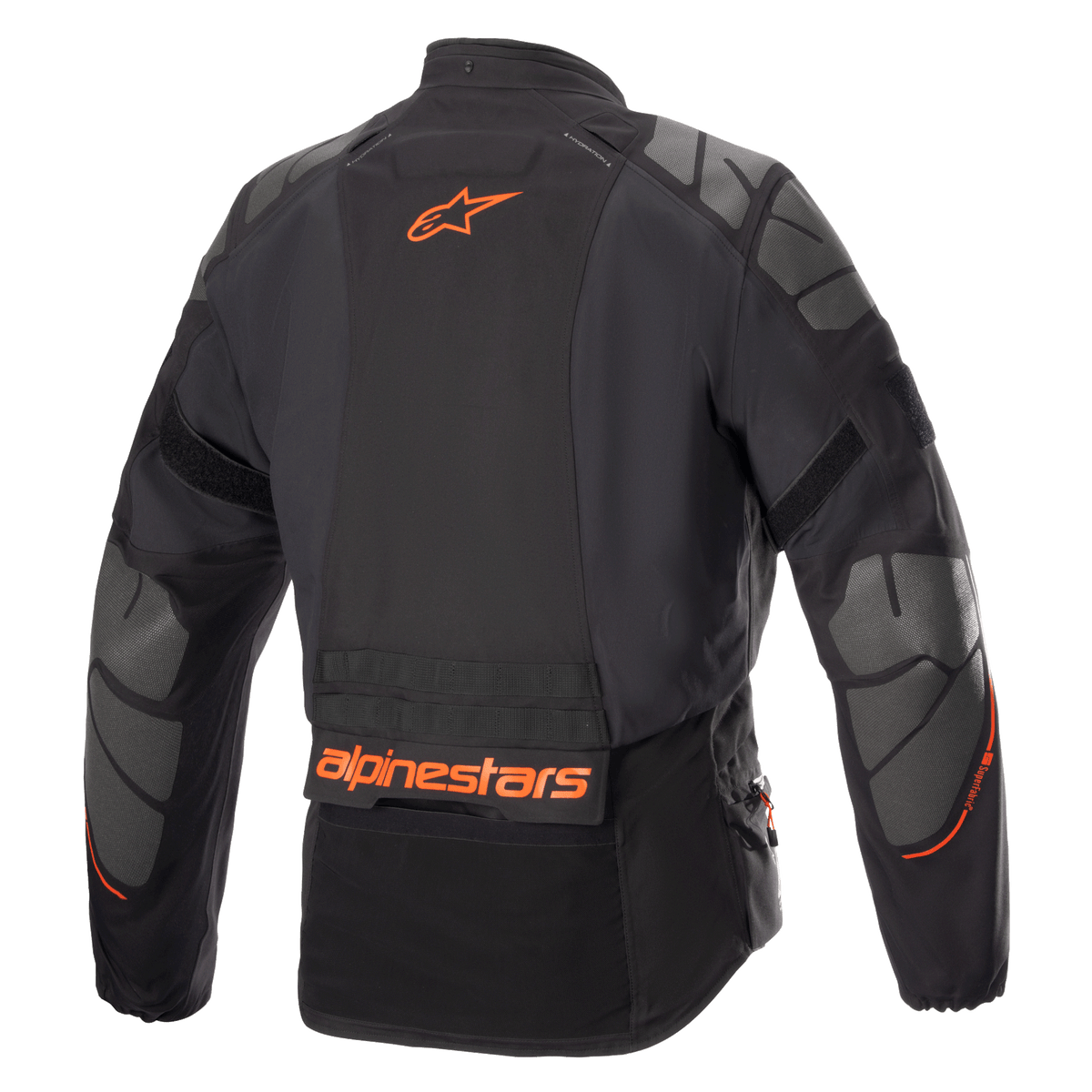 Alpinestars AMT-10R Drystar® XF-jacka, äventyrsjacka för motorcykel, svart med orange Alpinestars-logotyp och grå Superfabric-paneler på axlar och armbågar, bakifrånvy, teknisk åkutrustning för flera säsonger