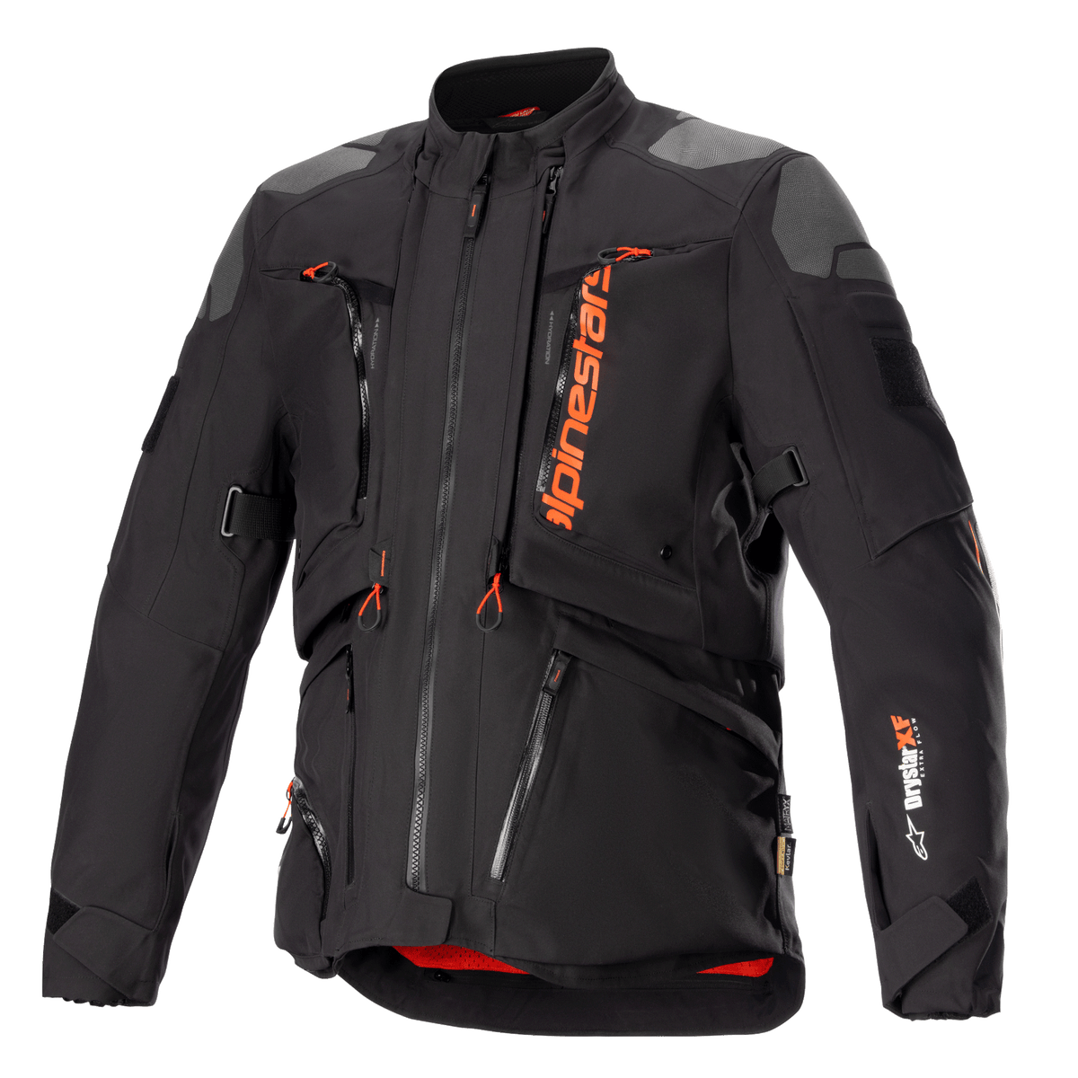 Alpinestars AMT-10R Drystar XF-jacka, svart och orange, motorcykeljacka för äventyrstouring, grå axelpartier, flera dragkedjor med orange dragtappar, justerbara remmar, rött innerfoder, teknisk skyddsutrustning