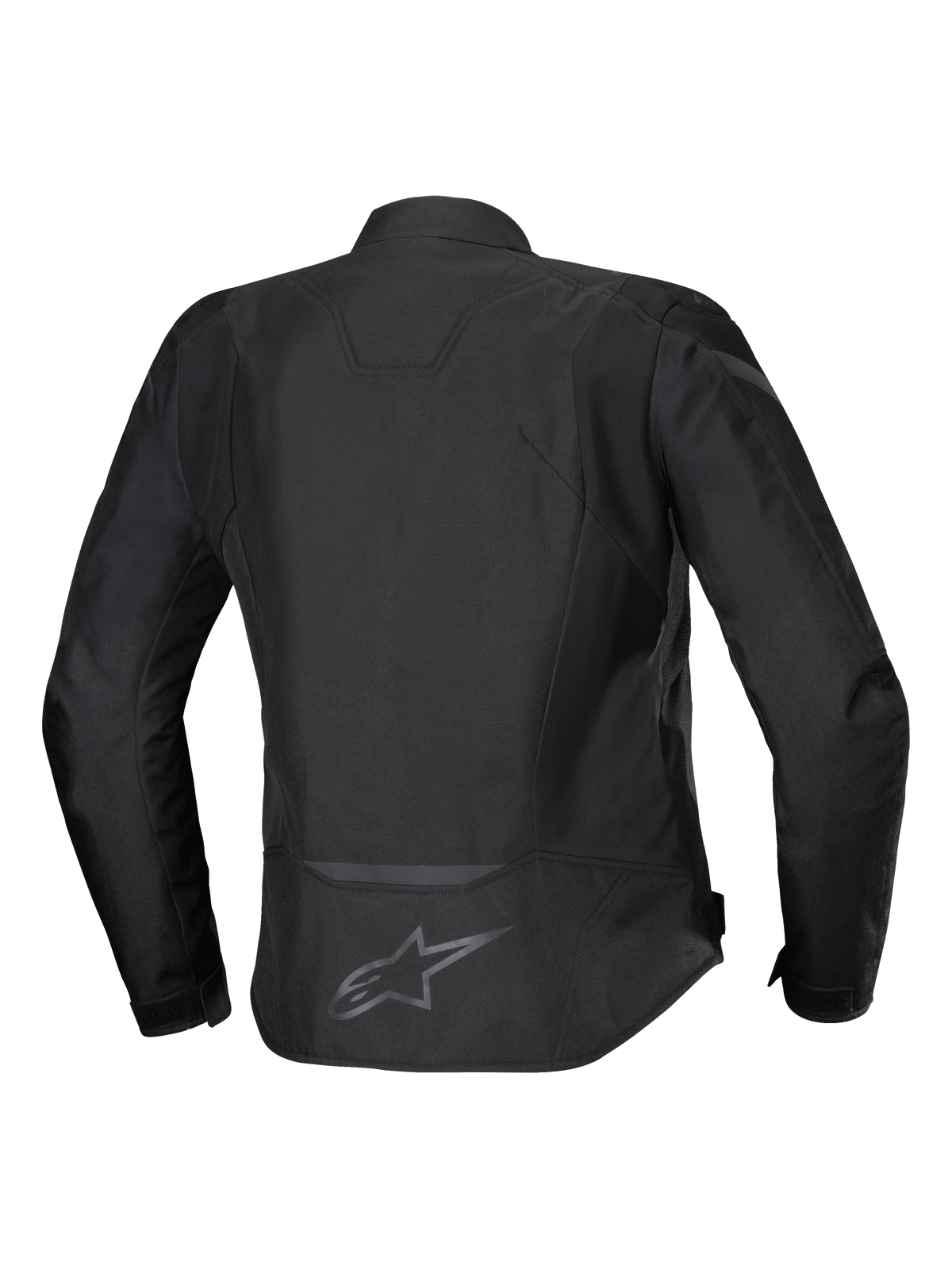 Alpinestars Stella T-Jaws V4 Waterproof Jacket, motorcykeljacka i textil för dam, svart på svart, baksida som visar ergonomisk sportsilhuett, reflekterande detaljer och logotyp på nedre delen av ryggen.