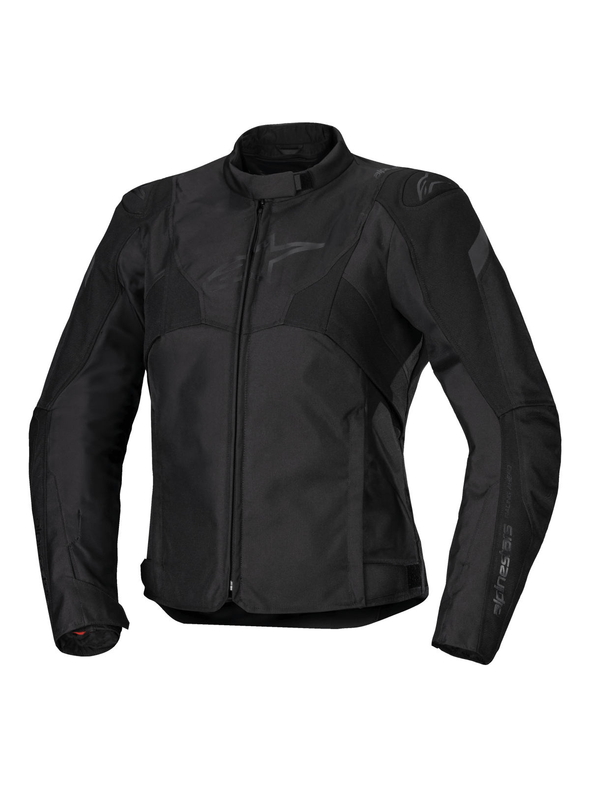 Alpinestars Stella T-Jaws V4 Waterproof Jacket, motorcykeljacka för dam, svart på svart, dragkedja fram, ergonomisk krage, diskret Alpinestars-logotyp på bröstet, slitstark textilkonstruktion med racinginspirerad sportpassform