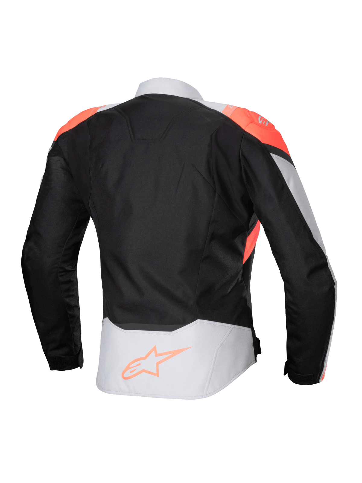 Alpinestars Stella T-Jaws V4 Waterproof Jacket, Women's Motorcycle Jacket, Black Ice Gray and Fluo Coral, back view featuring fluorescent coral shoulder accents and Alpinestars logo on the lower back, technical textile construction for all-weather riding.