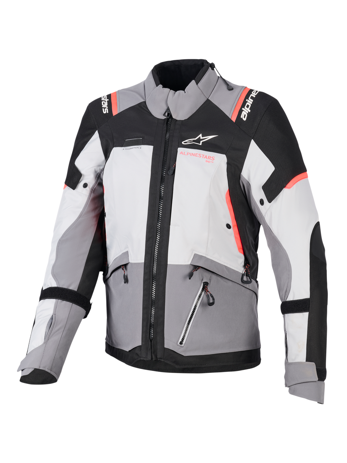Alpinestars Stella Andes V4 Drystar dam-mc-jacka, grå och svart med korallrosa accenter, vattentät textil.