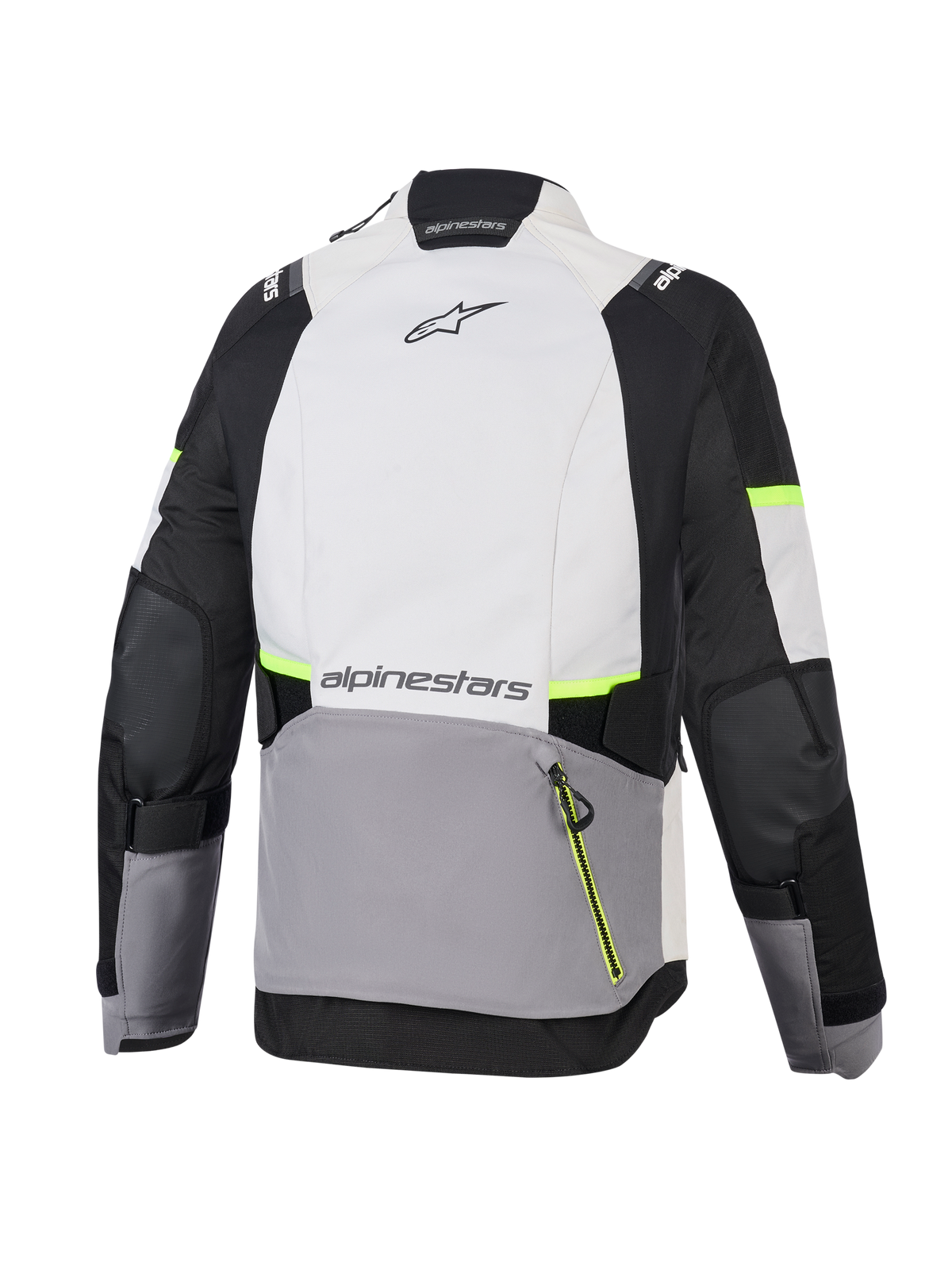 Alpinestars Stella Andes V4 Drystar® jacka, äventyrsjacka för dam, Ice Gray, Dark Gray och svart med neongula detaljer, baksida som visar en stor bakficka och Alpinestars-logotyp