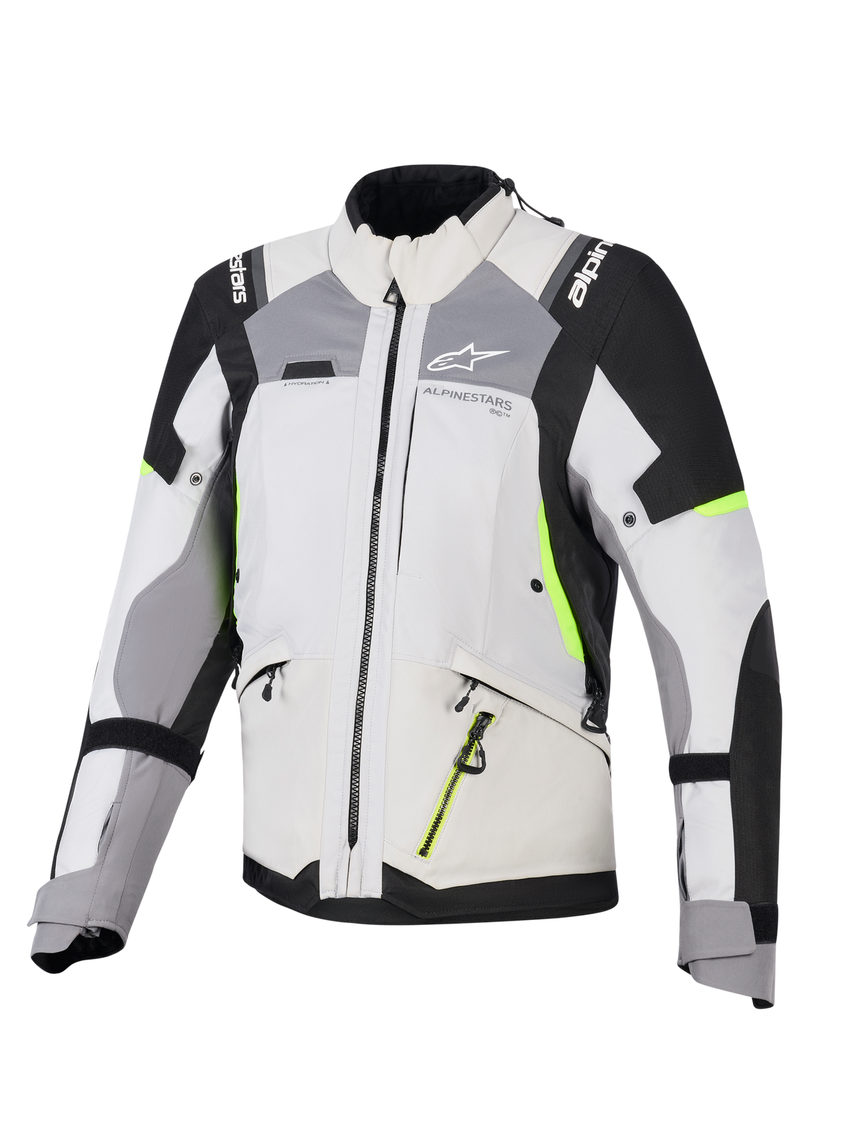 Alpinestars Stella Andes V4 Drystar® jacka för damer, adventure touring-jacka, isgrå och mörkgrå med svarta och neongula detaljer, slitstark textilkonstruktion med vattentäta dragkedjor och Alpinestars logotyp, framifrån