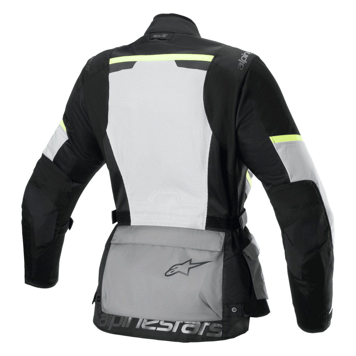 Alpinestars Stella Andes Air Drystar® jacka, touringjacka för dam, sedd bakifrån, Ice Gray, Dark Gray och svart, med en stor vit ryggpanel i mesh, grå förvaringsficka bak med logotyp, gula hi-viz-detaljer och textilkonstruktion för luftflöde och skydd.