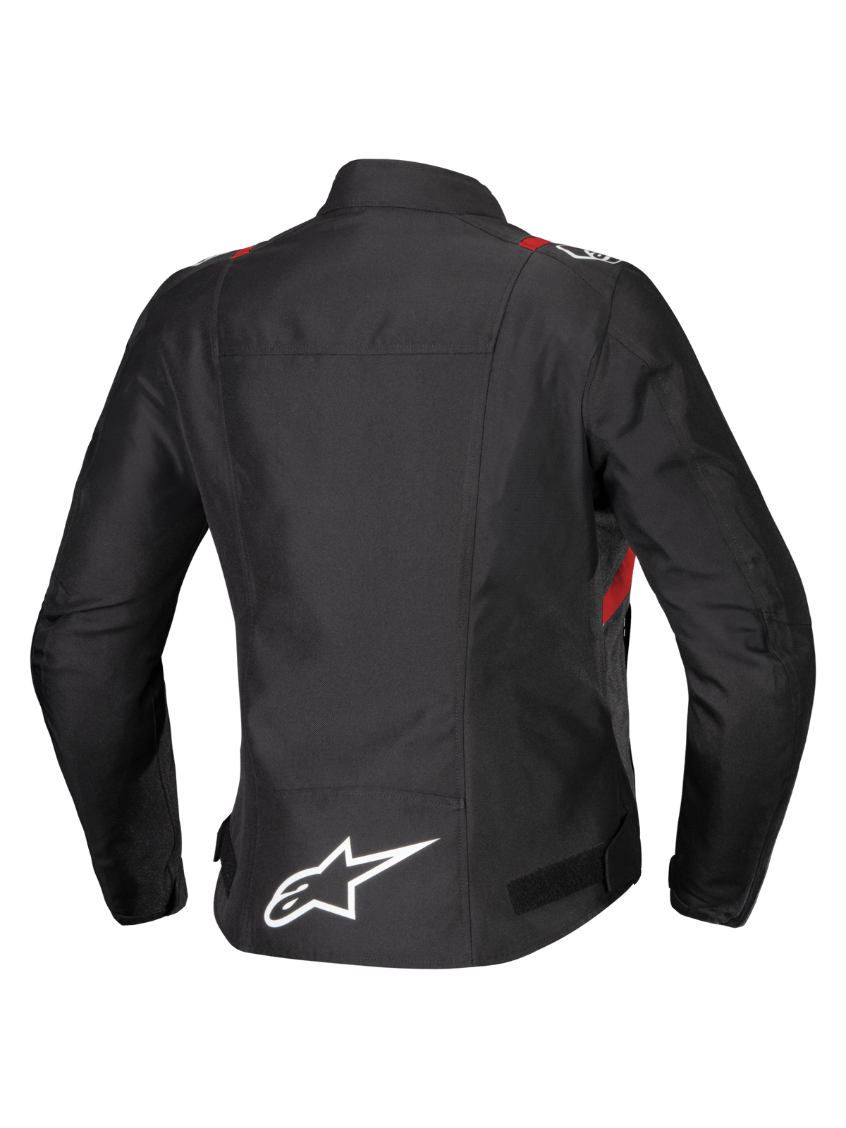Alpinestars Stella T-SPS V2 Waterproof Jacket, Rear View, Black with Red and White Accents, Women's textile motorcycle jacket featuring a large white Alpinestars logo on the lower back and sporty silhouette