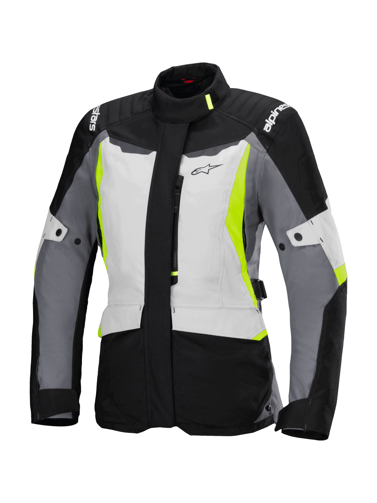 Alpinestars Stella ST-1 Waterproof Jacket, Women's Motorcycle Touring Jacket, Ice Gray, Black, and Fluorescent Yellow, featuring a high collar, front zipper, reinforced shoulders with branding, and adjustable waist straps, adventure touring-inspired design